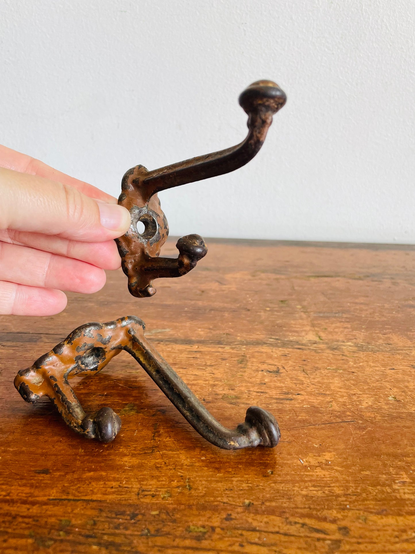 Vintage Black Metal Double Wall Hook Hangers with Chippy Brown Paint - Architectural Salvage / As Found - Set of 2