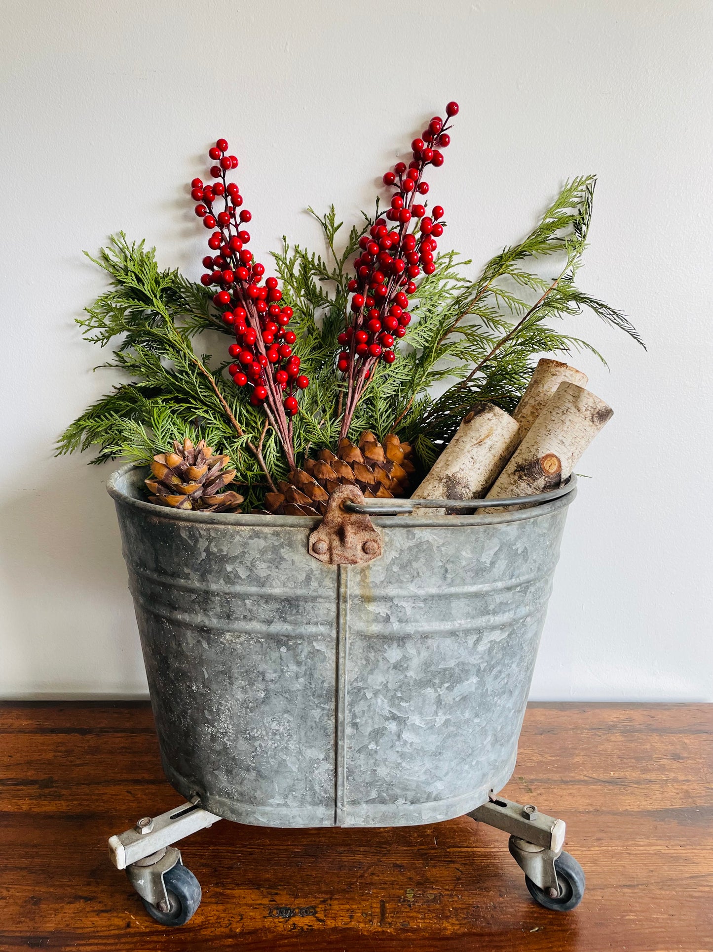 Rustic Galvanized Steel Mop Bucket on Caster Wheels with Handle - White Mop Wringer Co. of Canada - Paris, Ontario