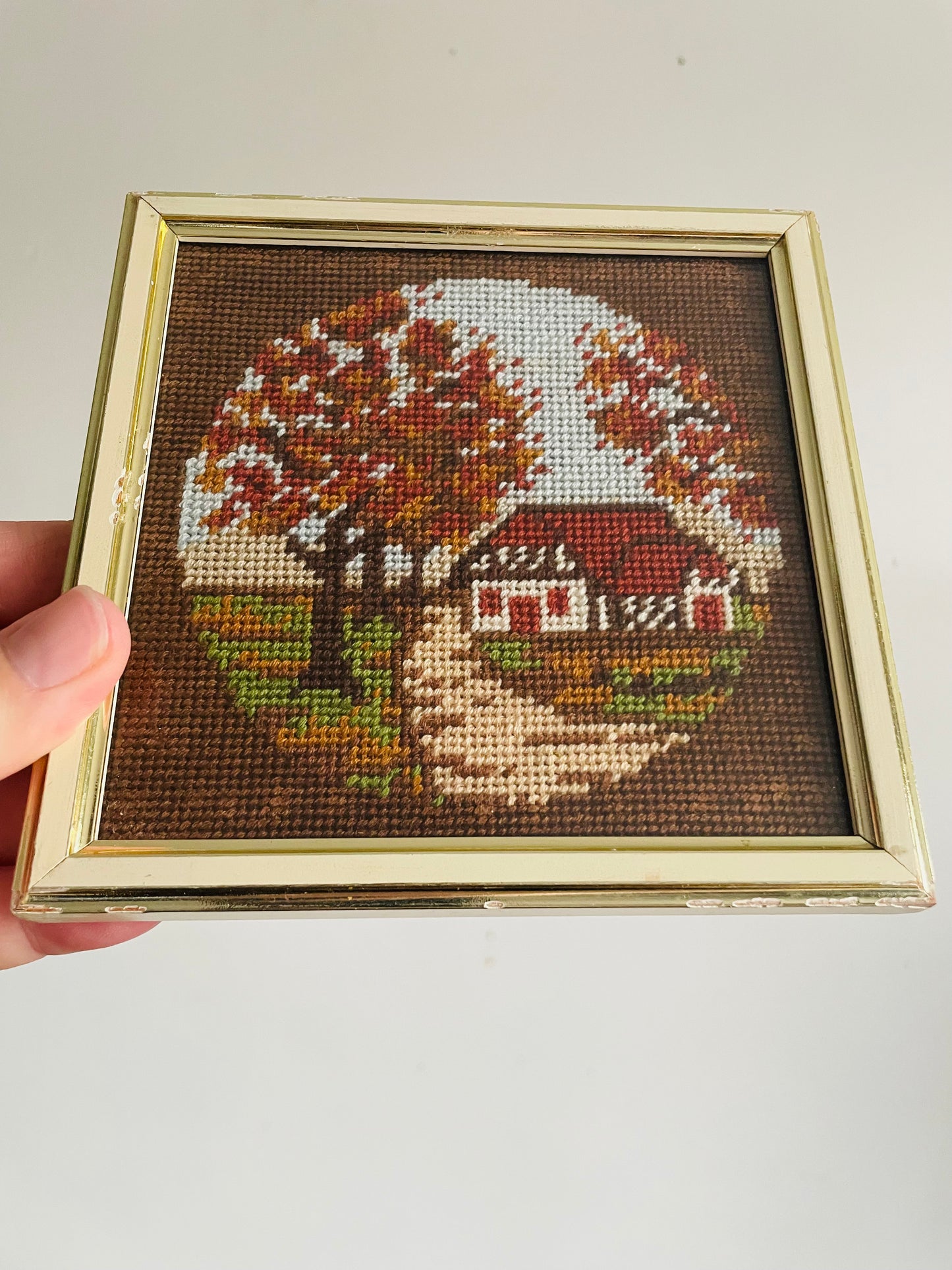 Vintage Mini Needlepoint Embroidery Picture in Square Frame - Fall Season - Red Roof House on Road with Trees of Changing Leaves