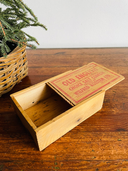 Old English Choice Salt Codfish Wood Box with Sliding Lid - One Pound Net - Packed by Wilfred Koritem Ltd. Yarmouth Nova Scotia