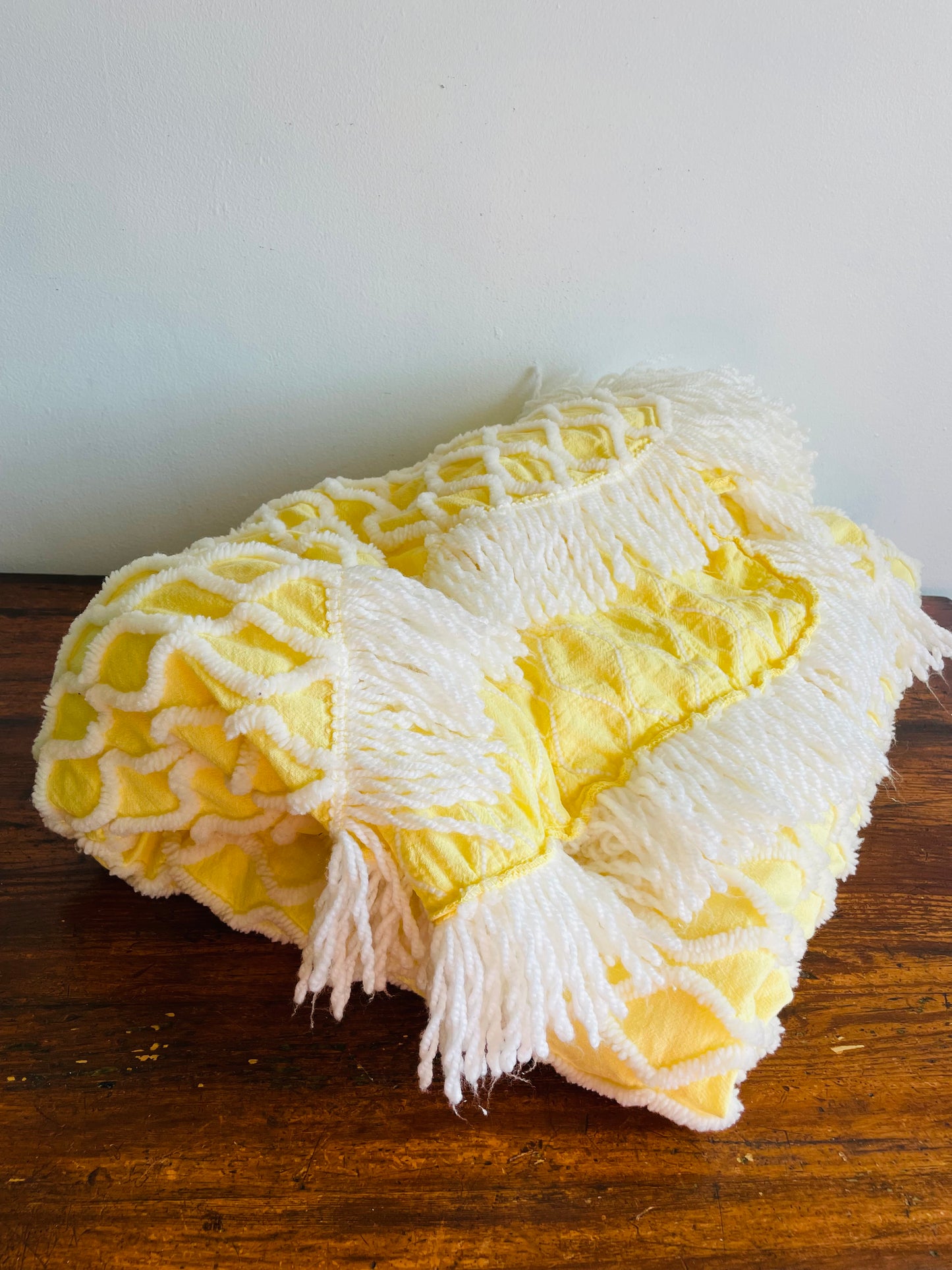 Yellow & White Chenille Bedspread Blanket with Fringe - Made in Canada