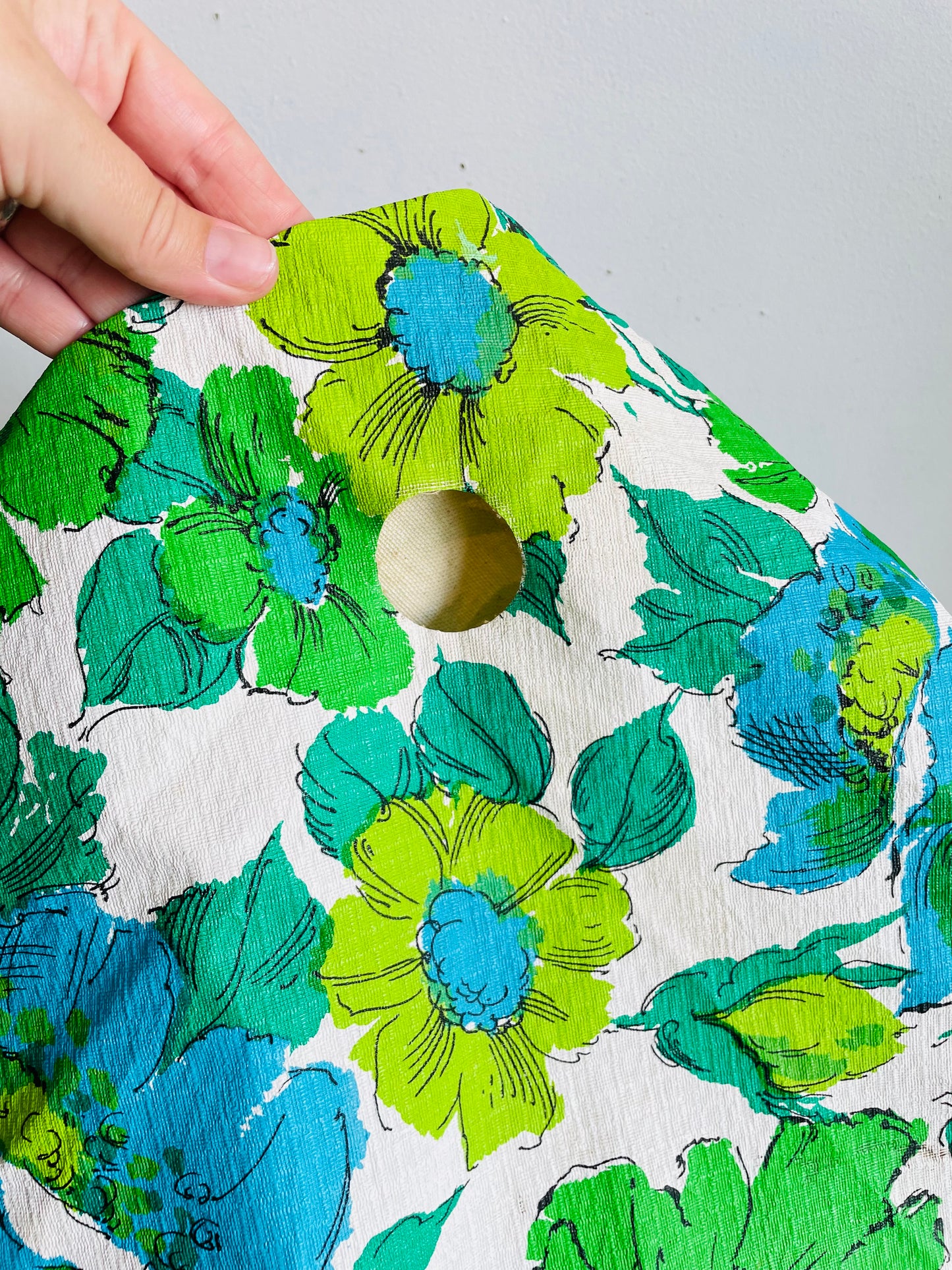 Vintage 1960s/70s Groovy & Fun Green & Blue Flower Power 44" Round Vinyl Patio Tablecloth with Umbrella Hole & White Braided Tassel Fringe