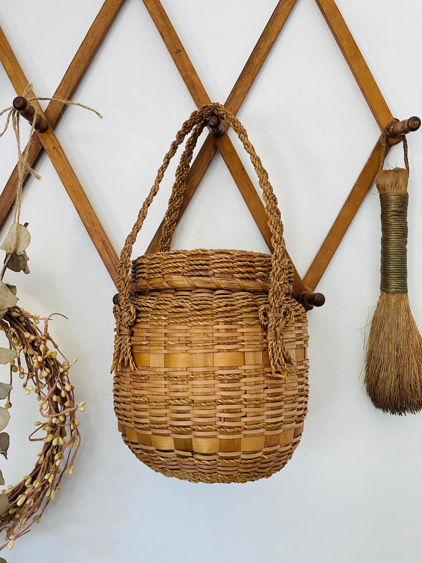 Vintage Indigenous Woven Ash Wood & Sweet Grass Yarn Holding Basket with Braided Handles & Lid - Hole in Lid to Pull Yarn Through