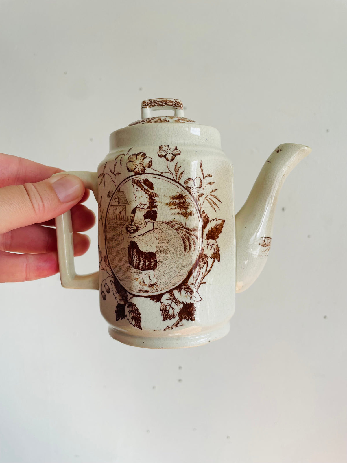 Antique Late Victorian 1880-1890 "Little May / Mae" Pattern 753 Sepia Brown Transferware Children's Toy Tea Set - Charles Allerton & Sons England - Plates, Bowl, Creamer, Biscuit Jar & Teapot - Set of 6 Pieces