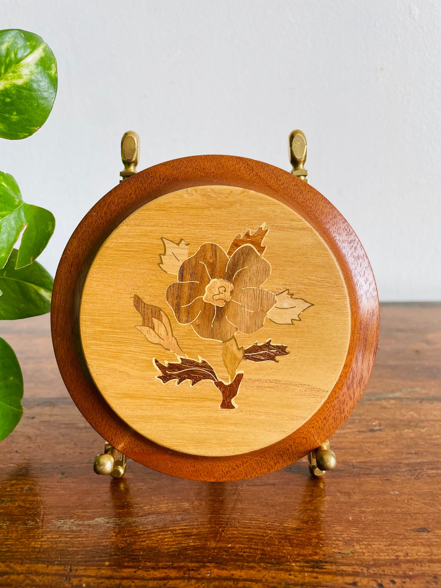 Vintage Handmade Round Wood Marquetry Wall Art Picture with Inlaid Flower Design - Woodcraft by Dave - Made in Canada