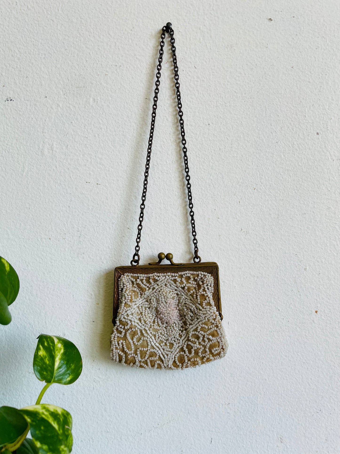 Antique Delicate & Dainty Hand Beaded Tiny Pouch Purse on Brass Chain