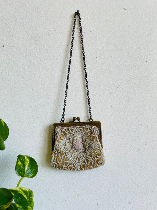 Antique Delicate & Dainty Hand Beaded Tiny Pouch Purse on Brass Chain
