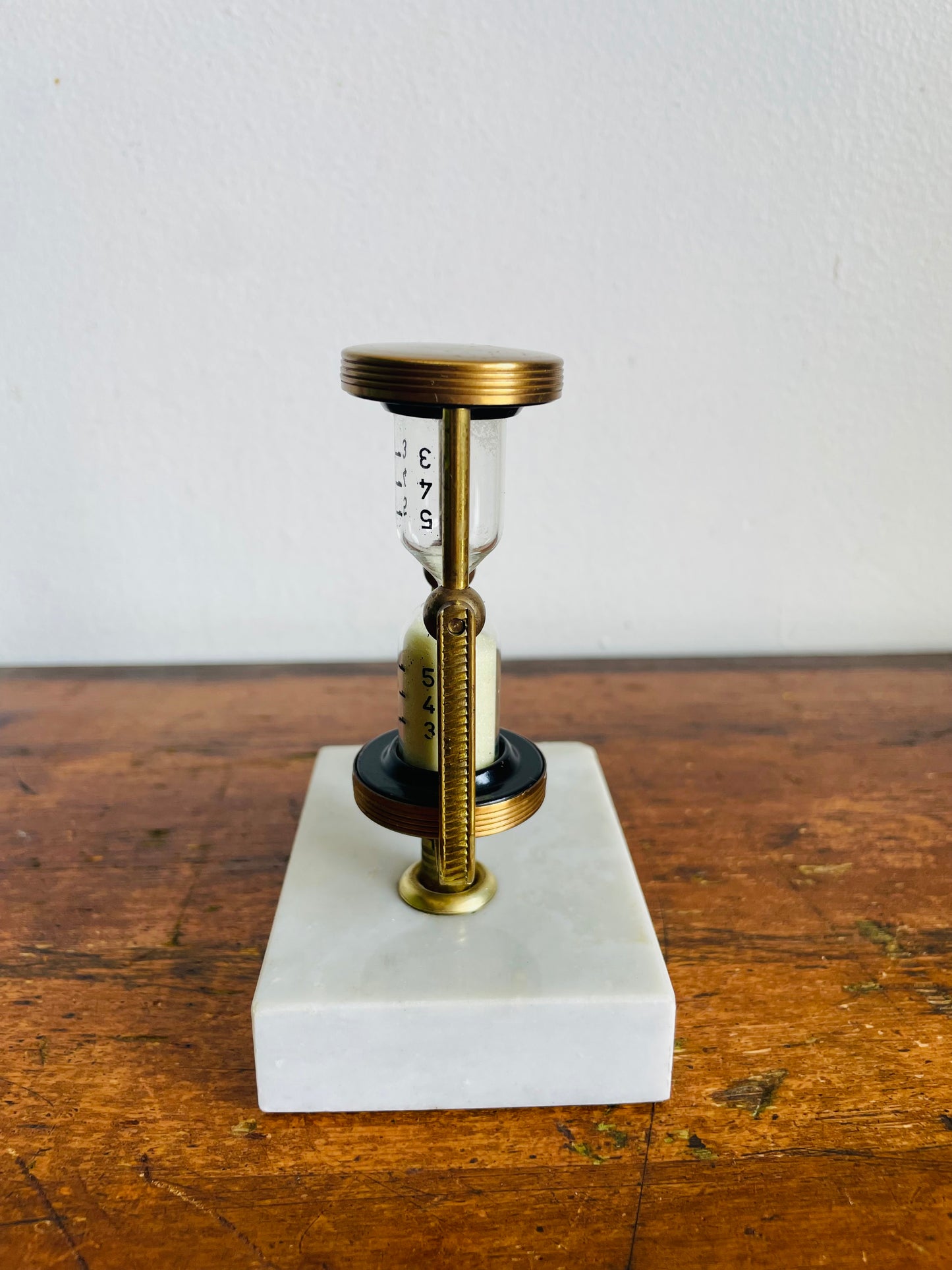 Vintage Brass & Glass Rotating Swinging Hourglass with White Sand on Marble Stone Base - Stylish & Useful!