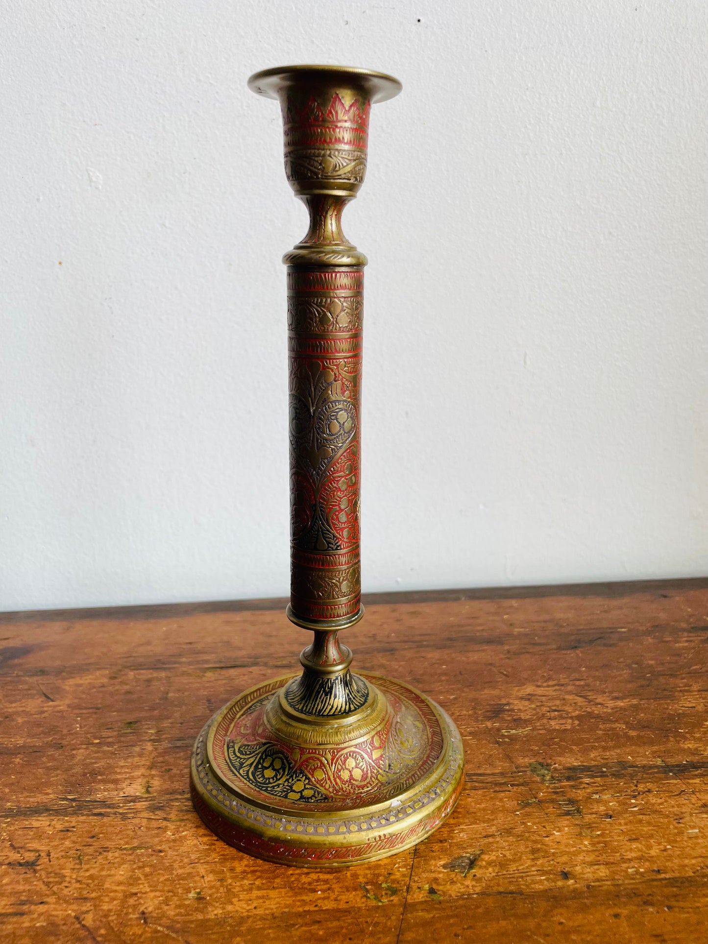 Vintage Solid Enamelled Brass 9" Tall Candle Holder