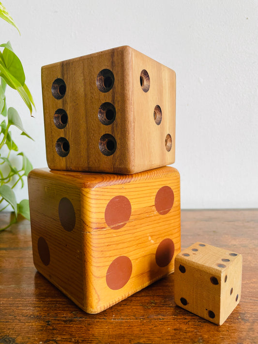 Vintage Instant Collection of Oversized Large Wood Dice - Set of 3 - Largest Dice Opens Up into Box Storage for Game Pieces & Pencils