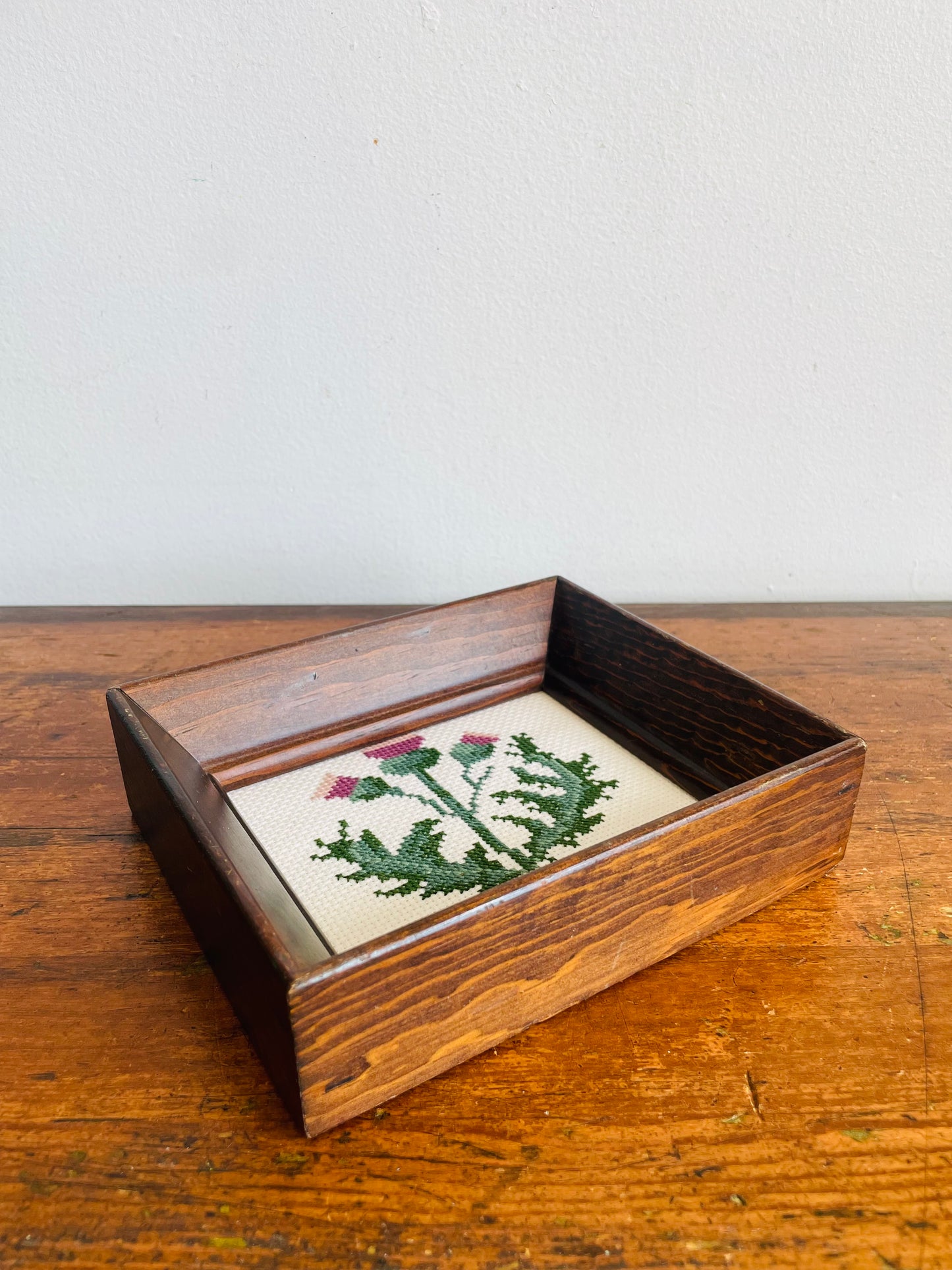 Vintage Scottish Thistle Flower Cross Stitch Embroidery Picture in Chunky Wood Frame