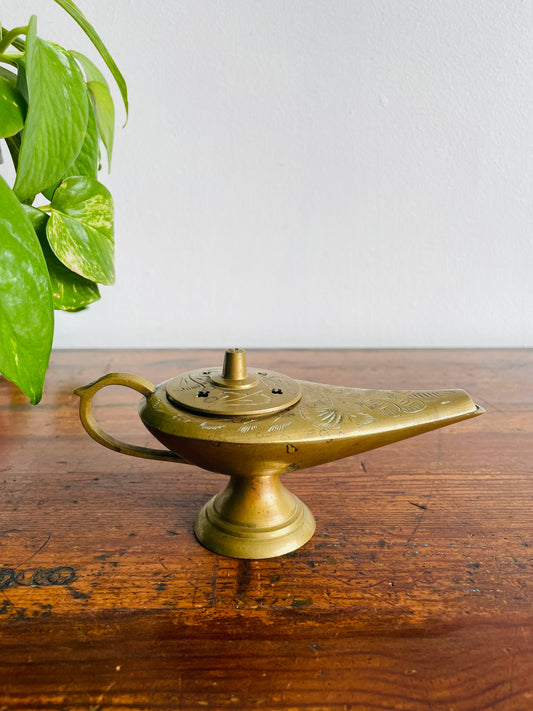 Solid Brass Aladdin Genie Lamp Incense Burner with Lid - Made in India