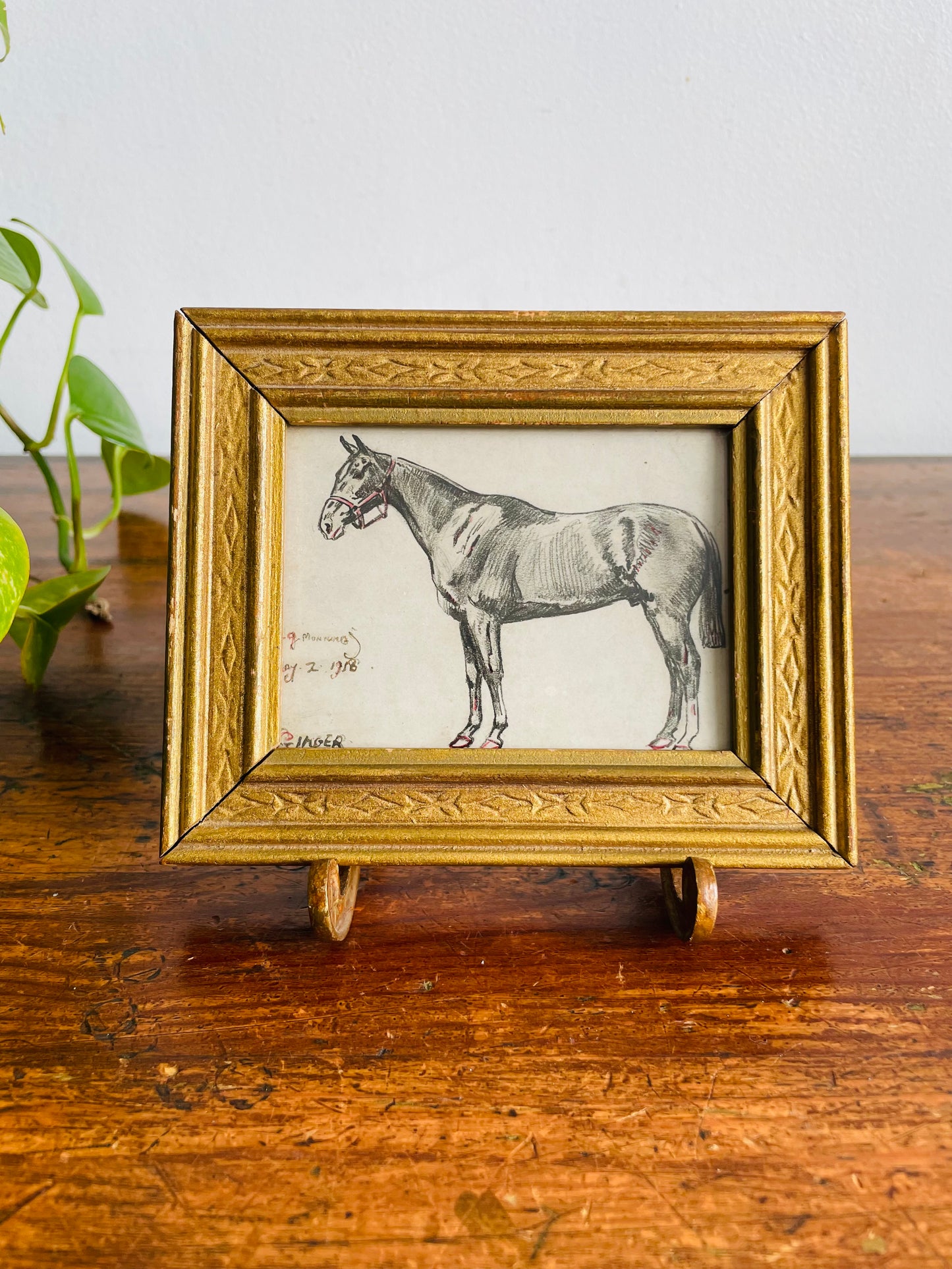 Antique Original Art Miniature Sketch Pencil Drawing Picture in Gold Wood Frame - Artist Signed - Dad's Horse - May 2, 1918