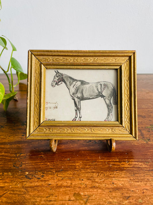 Antique Original Art Miniature Sketch Pencil Drawing Picture in Gold Wood Frame - Artist Signed - Dad's Horse - May 2, 1918