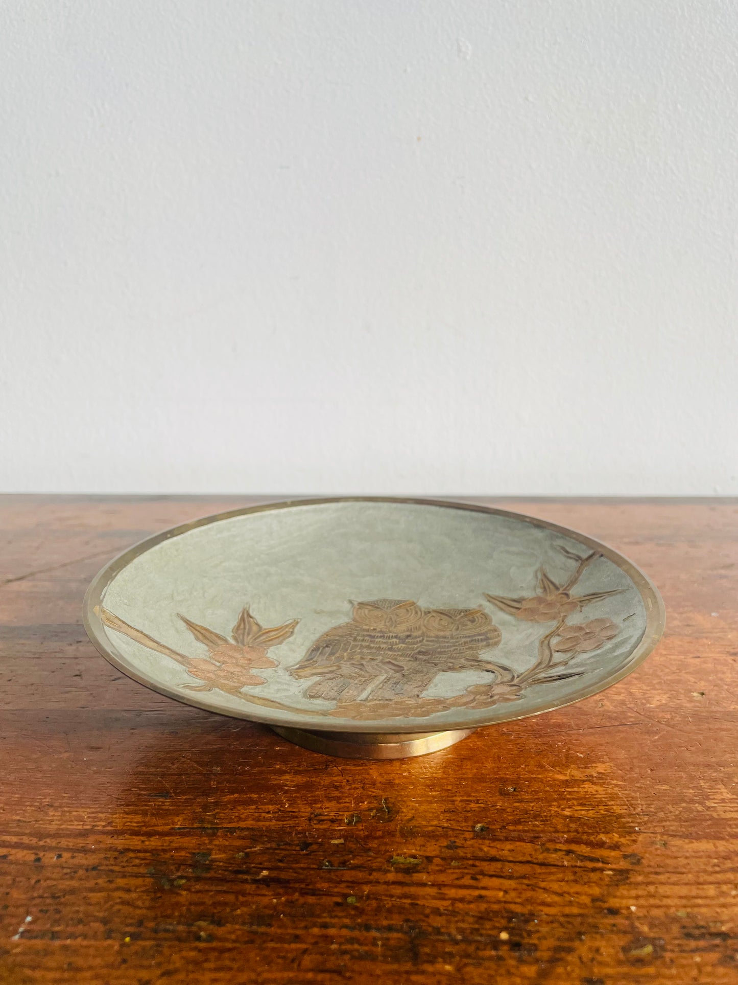 Vintage Enamelled Brass Footed Pedestal Bowl Dish with Pair of Owls Perched on Cherry Blossom Tree Branch Design