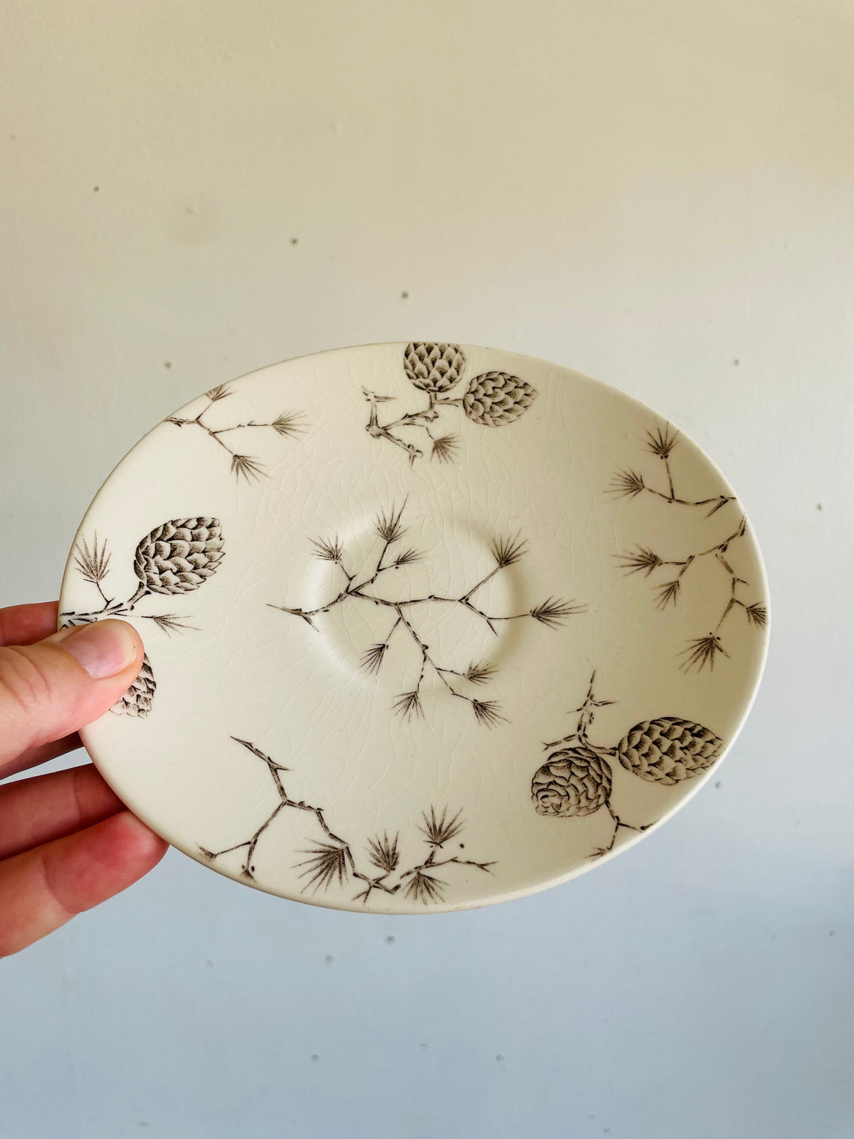 Vintage Wood & Sons "North Woods" Pattern Saucer Plates with Pinecone Design - Engraved by Hand - Made in England - Set of 3