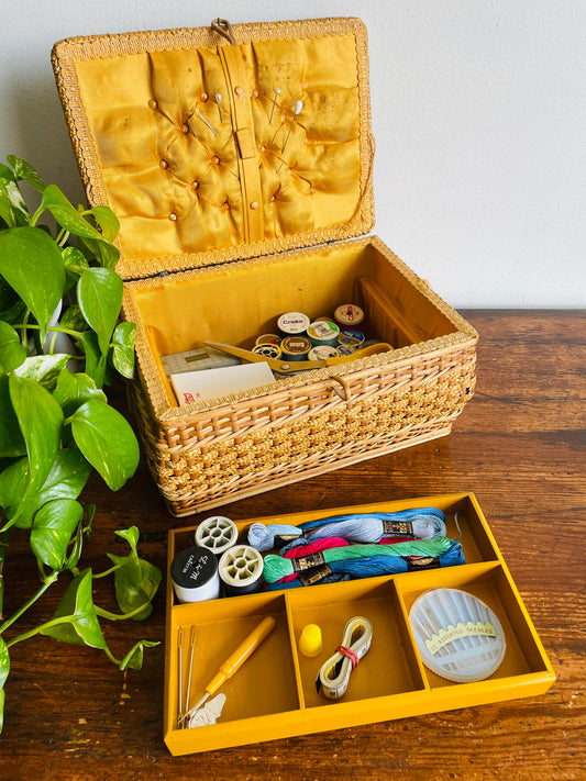 West German Rattan Sewing Basket with Tray Insert - Comes Full to the Brim With Sewing Supplies!