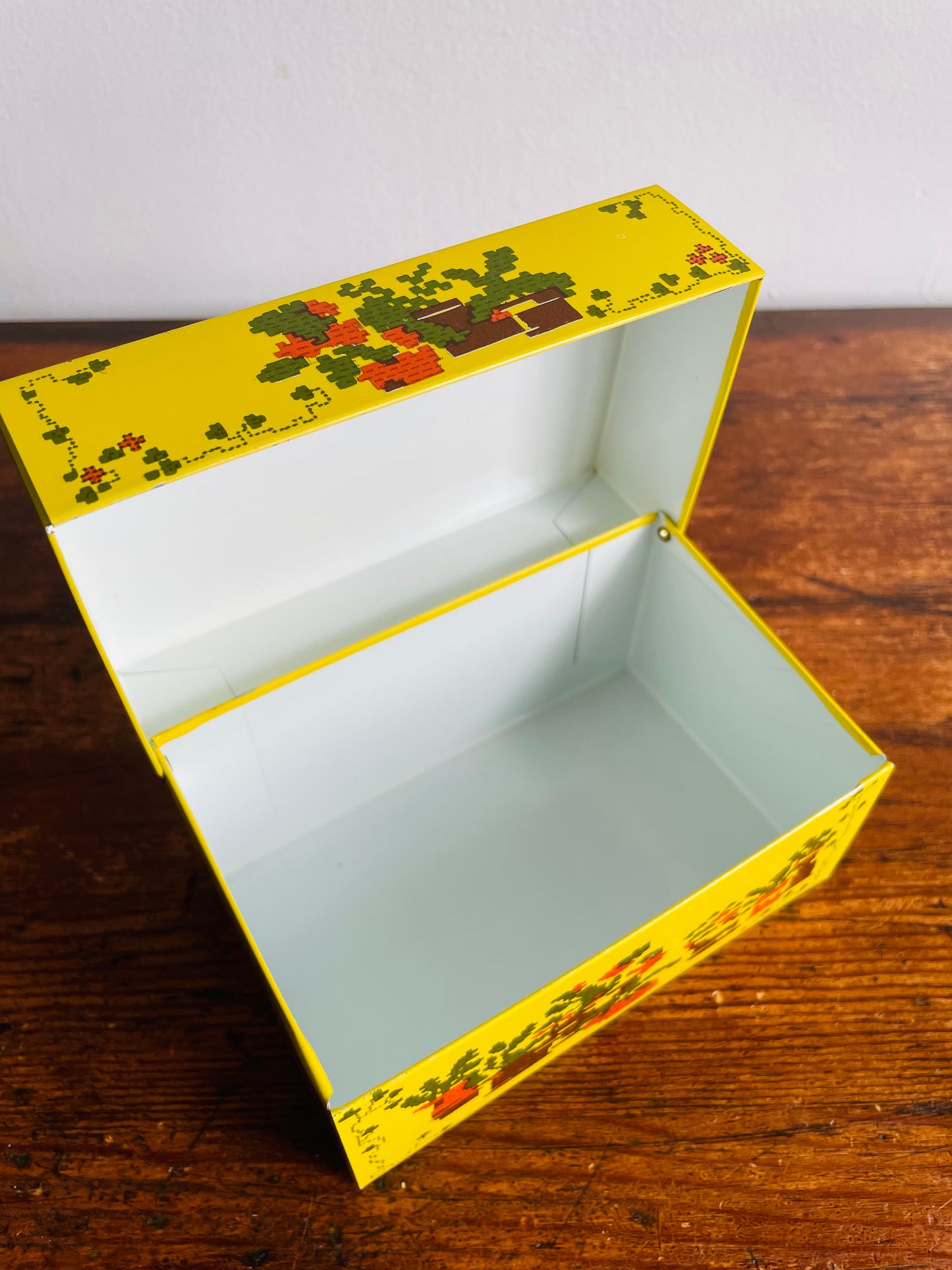 Bright Yellow Recipe Box Tin with Vegetable Garden Design - Syndicate MFG Co. Phoenixville Pennsylvania