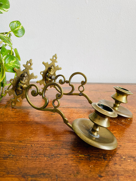 Vintage Wall Mount Solid Brass Candle Holder Piano Sconces with Scroll-Work Arms & Swing Mechanism - Can Rotate 180 Degrees - Set of 2