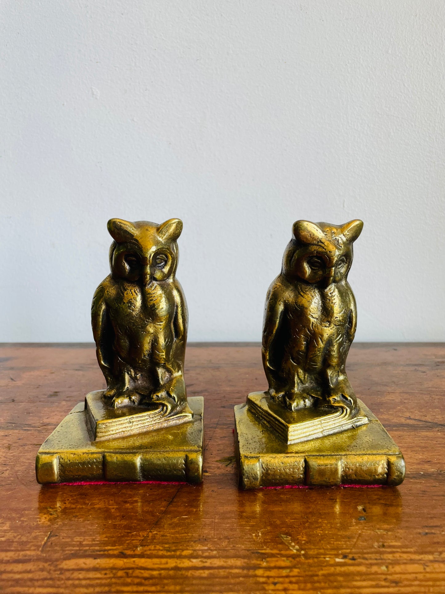 Vintage Solid & Heavy Brass Wise Owls on Stack of Books Bookends - Set of 2