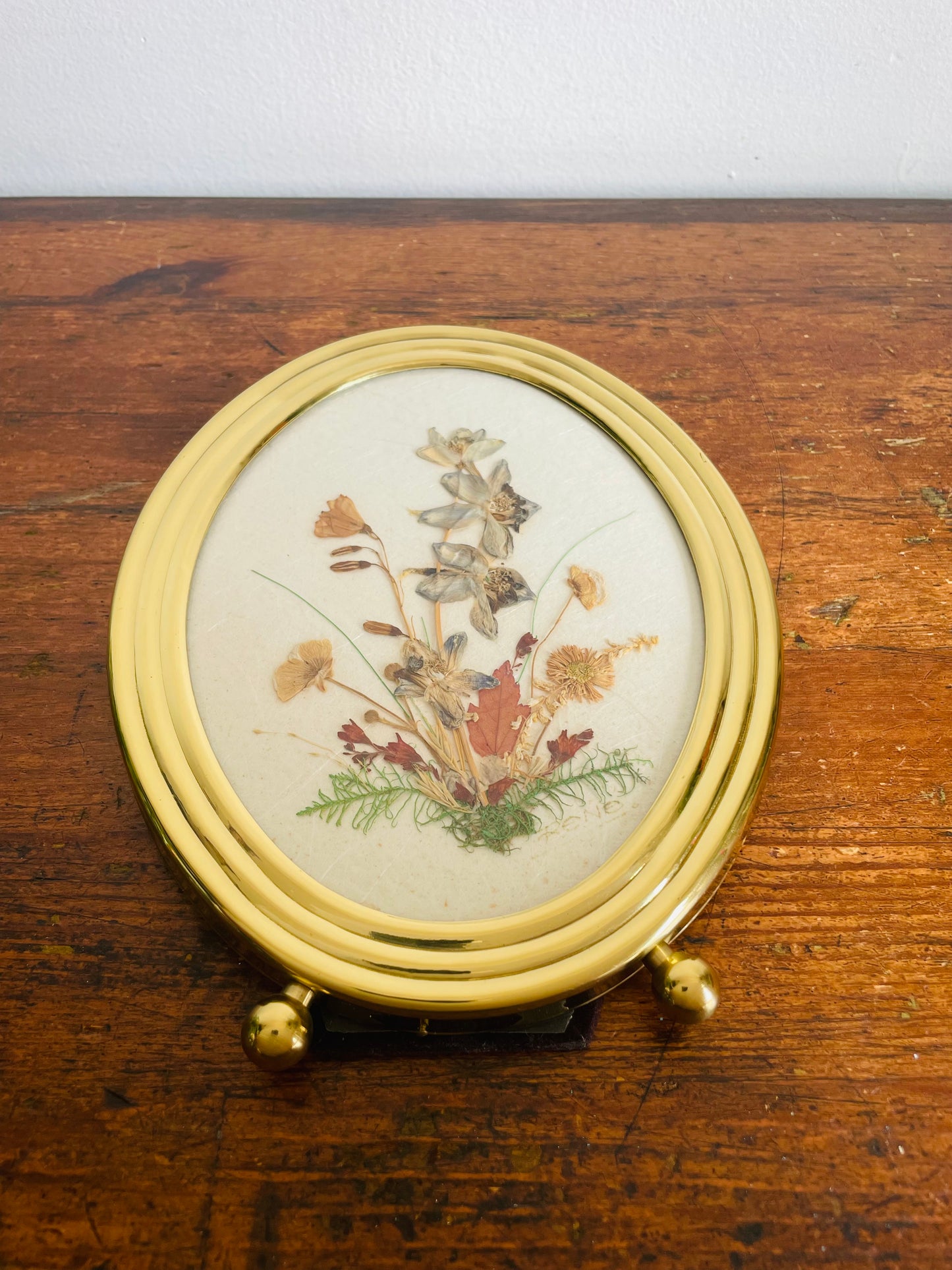 Vintage Dried & Pressed Canadian Wildflowers in Oval Brass Footed Frame from Kawartha Lakes Area, Ontario - Can Hang or Stand - Rene Crafts