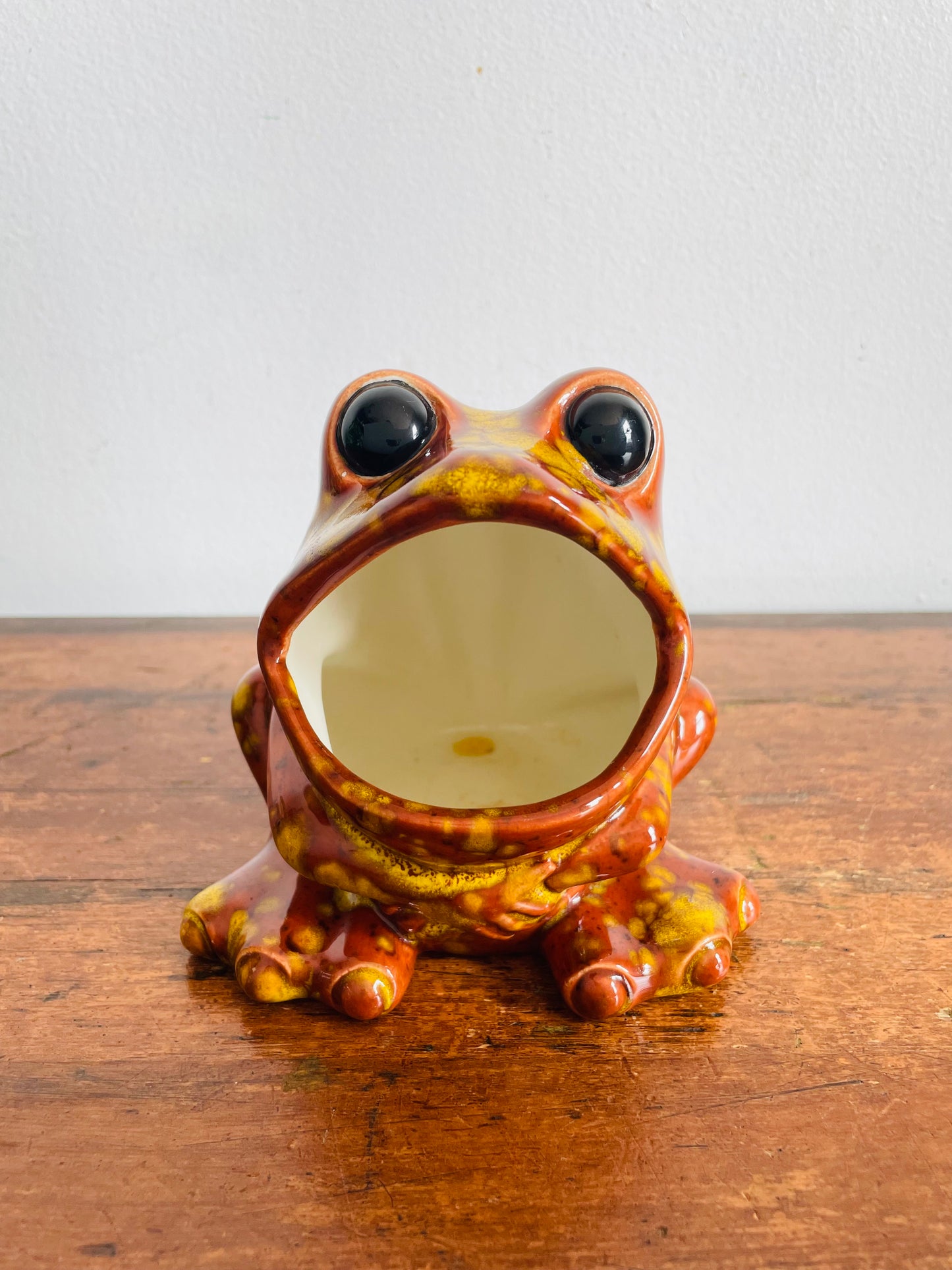 Vintage 1979 Wide Mouthed Frog Scrubbie / Scrubby Sponge Holder - Brown & Yellow Acid Drip Glaze