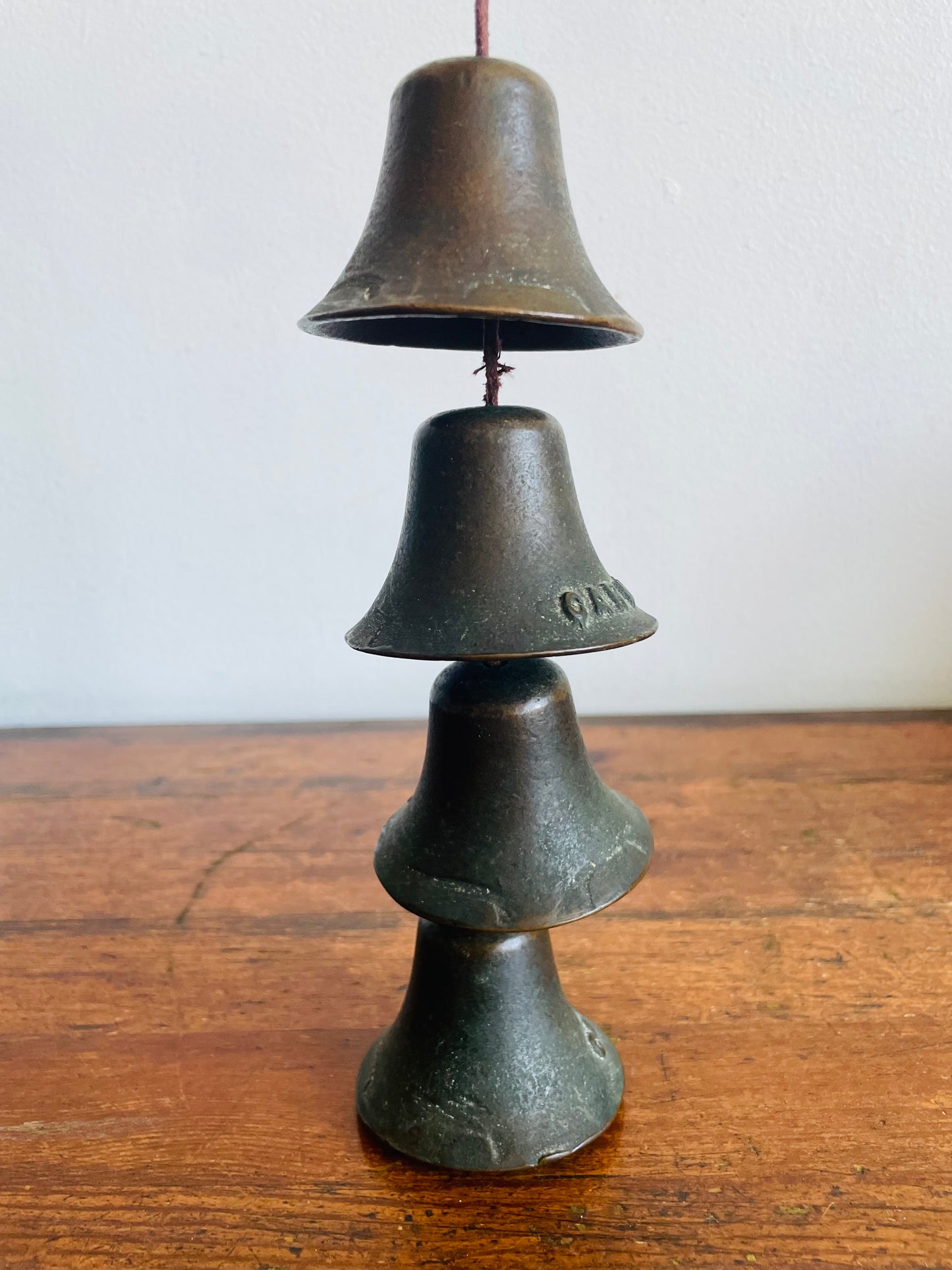 Vintage Carmel California Mission Hanging Bells - Set of 4 on Rope - Heavy & Solid with Aged Patina