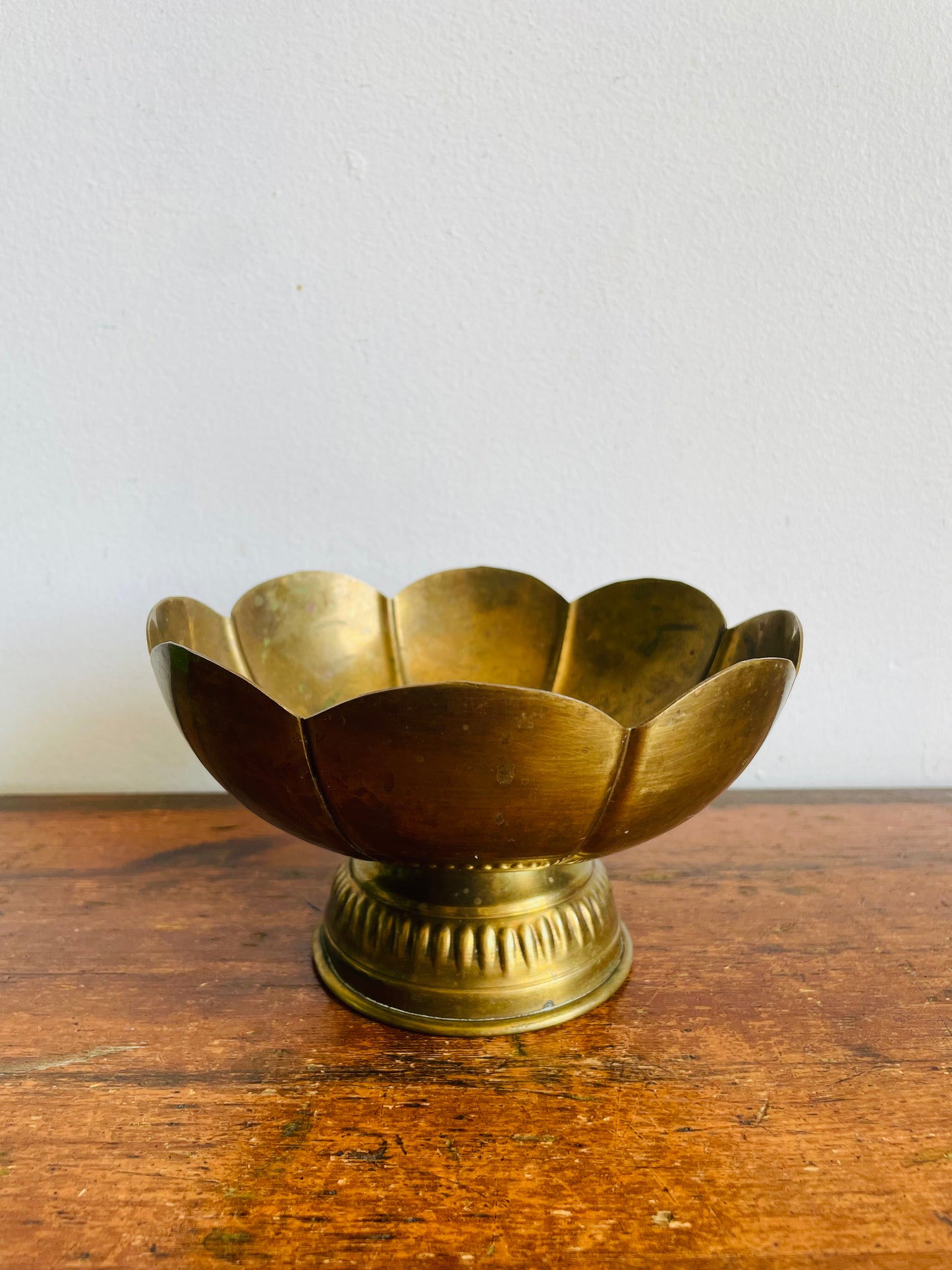 Vintage Brass Pedestal Bowl with Scalloped Rim