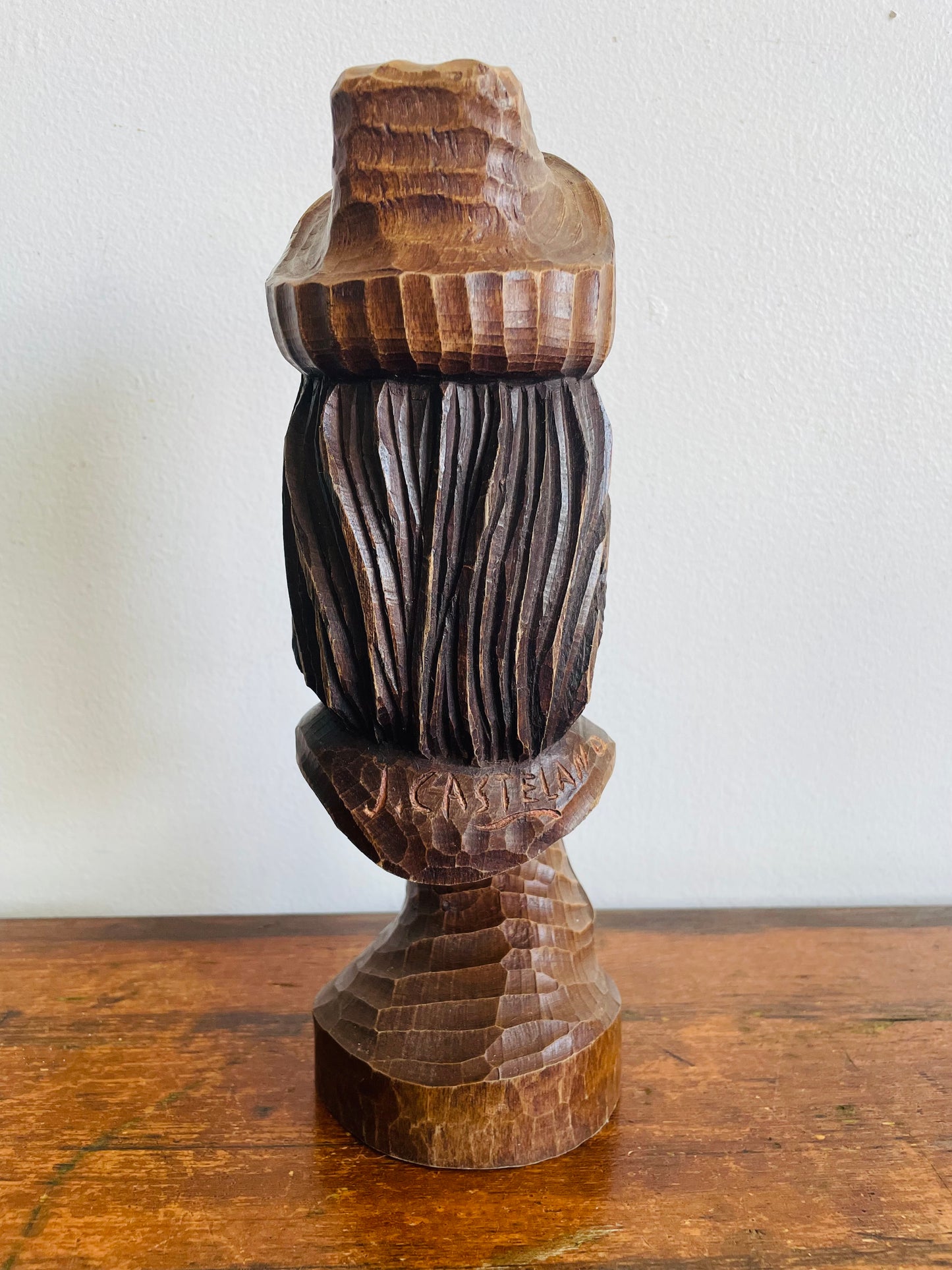 Vintage Hand Carved Wood Folk Art Bust Statue of Man - Artist Signed by J. Castelano