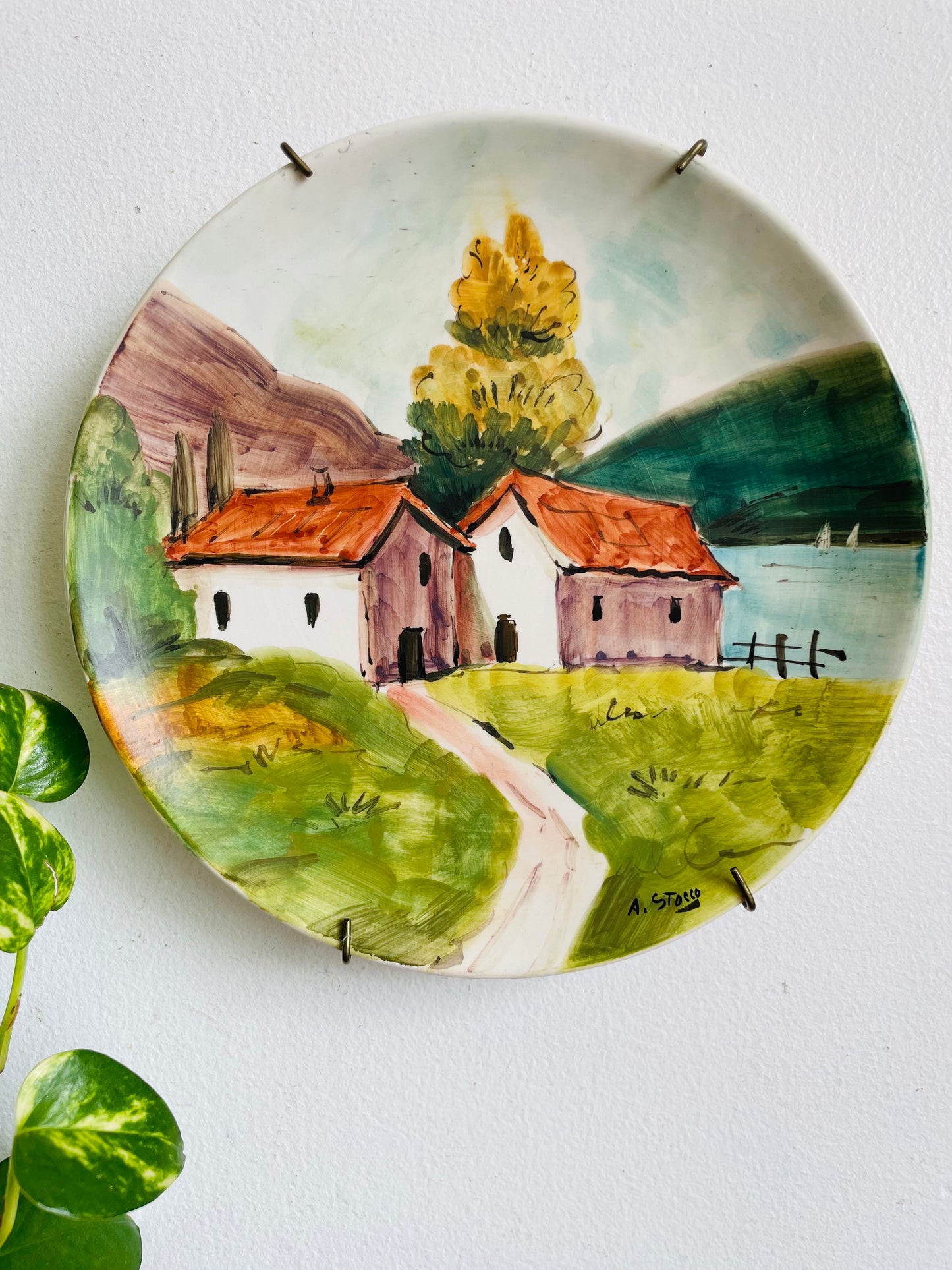 Vintage Hand Painted Wall Hanging Plate with Country Houses Beside Lake & Mountains Scene - A. Stocco Italy