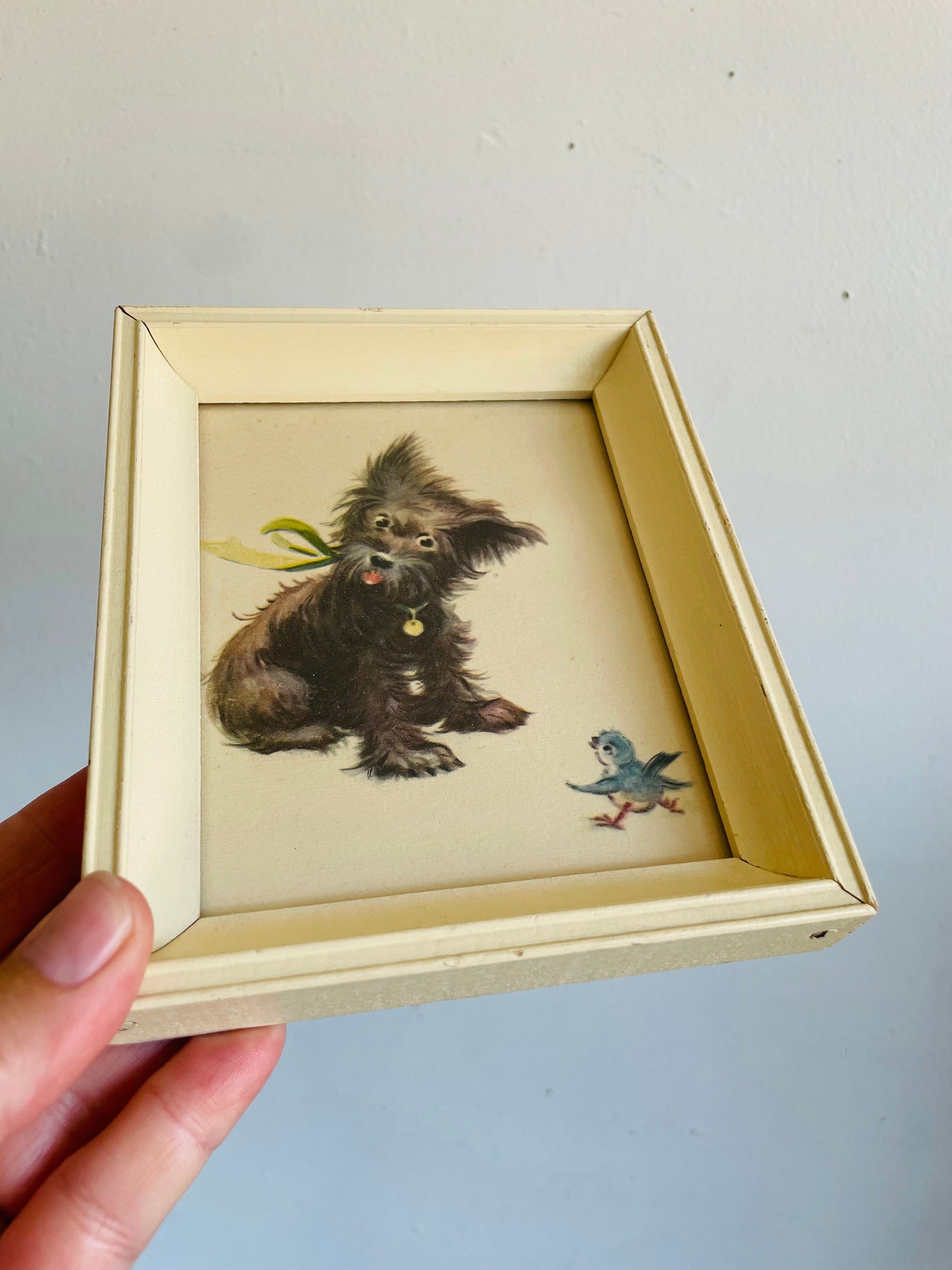 Vintage Adorable & Sweet Puppy Dog Print Pictures in Cream Frames - Set of 2