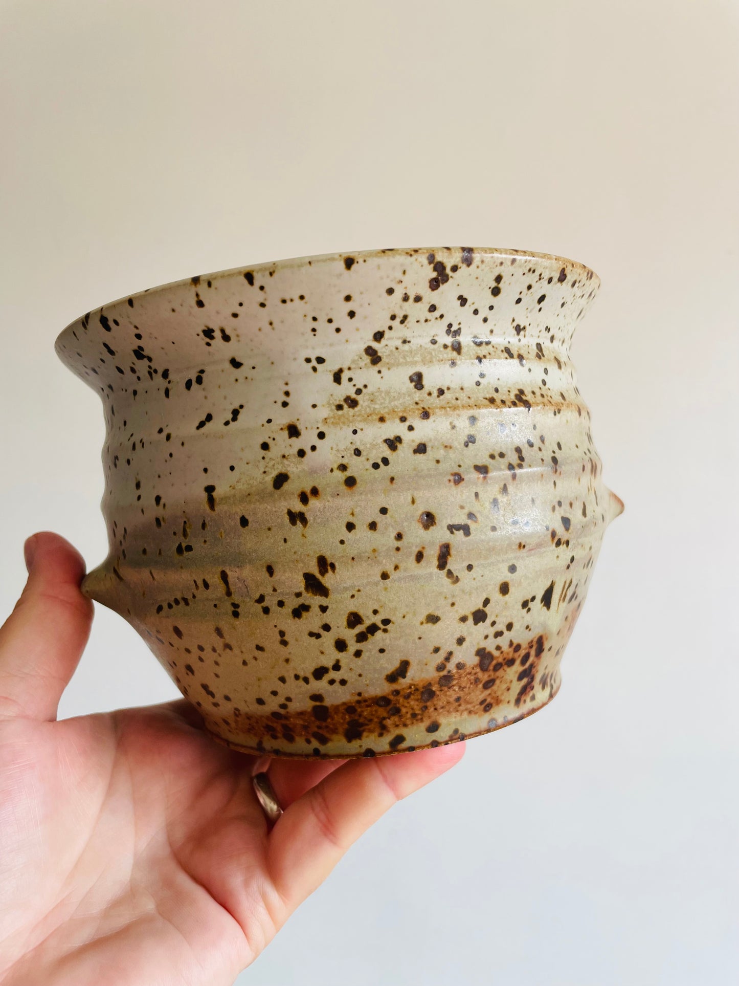 Studio Pottery Speckled Planter Pot with Groove Handles