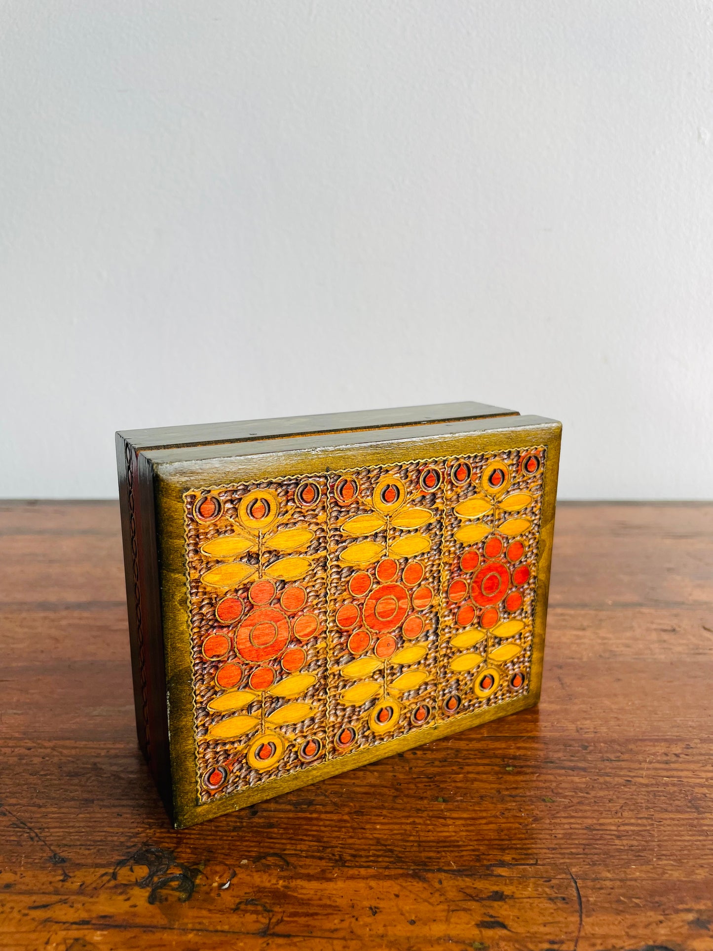Carved Wood Trinket Box with Hinged Lid & Floral Design - Made in Poland - Great for Holding Card Decks!