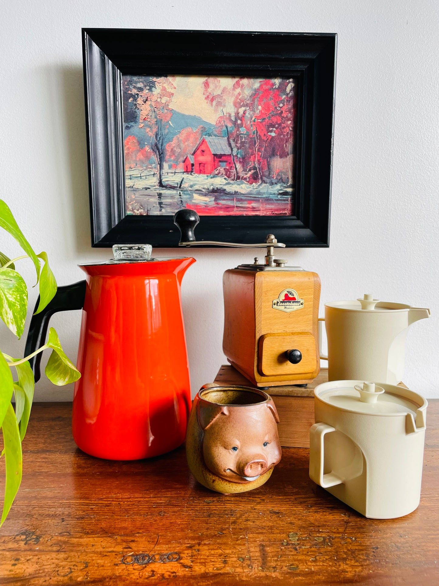 Mid-Century Modern Vibrant Orange Enamel Coffee Percolator or Tea Kettle