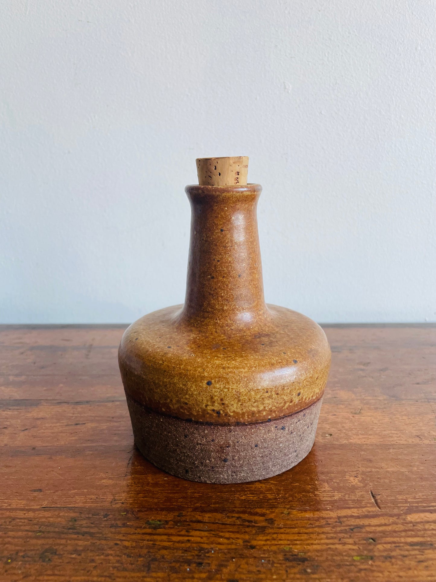 1971 Studio Art Pottery Speckled Brown Stoneware Liquor Decanter Set with 4 Shot Glasses