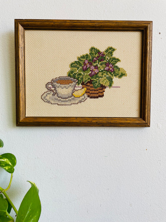 Vintage Adorable Cross Stitch Embroidery Picture - Cup of Tea with Lemon & Violet Flowers Scene
