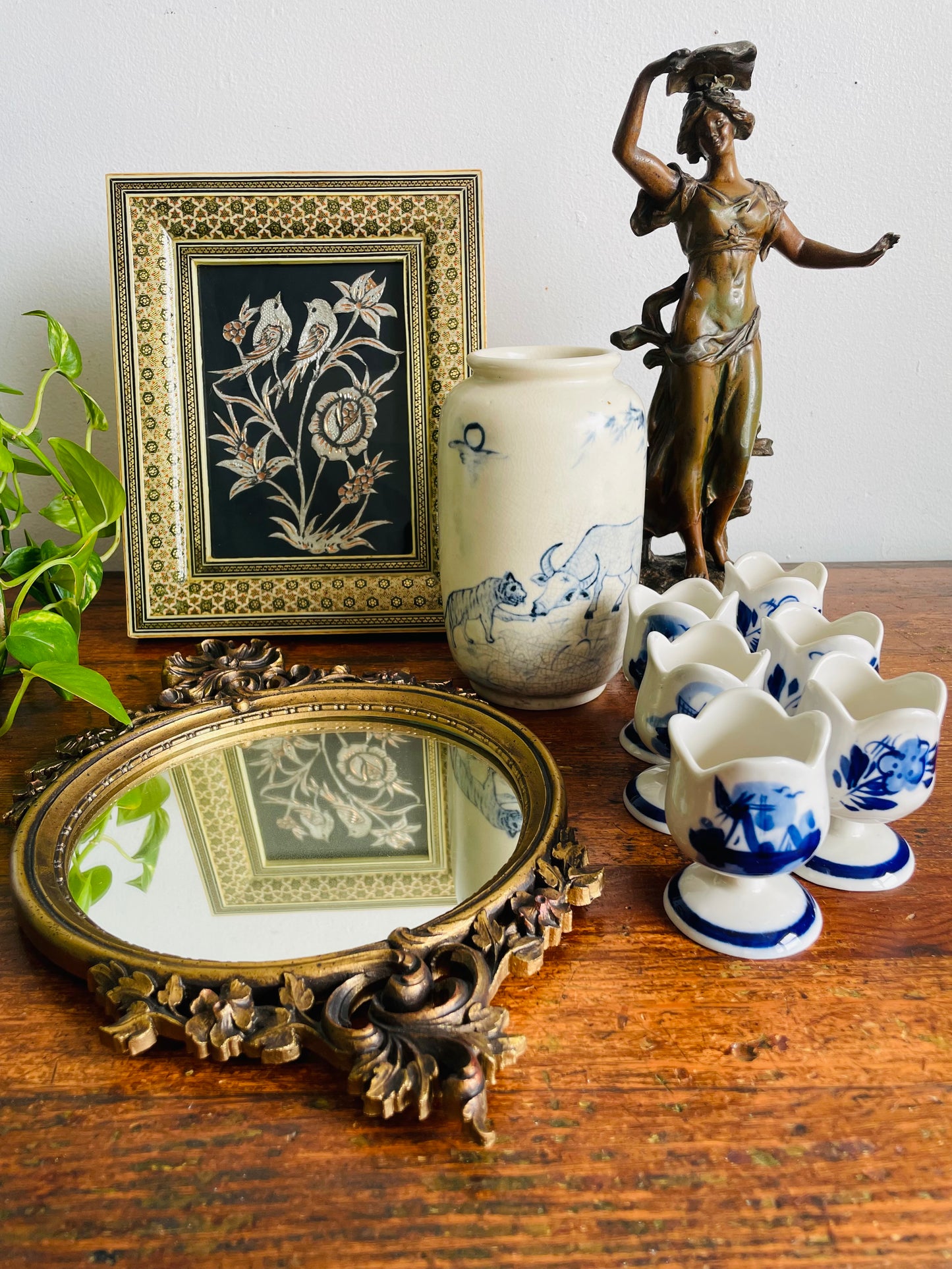 Vintage Hand Painted Delft Blue Tulip Shaped Egg Cup Holders with Flower & Windmill Design - Set of 6