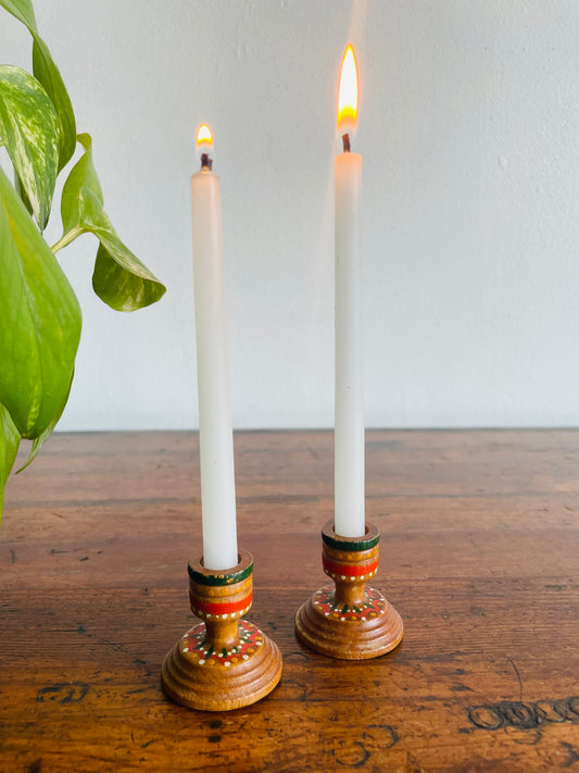 Miniature Hand Painted Wood Candlestick Holders with Folk Art Design - Set of 2