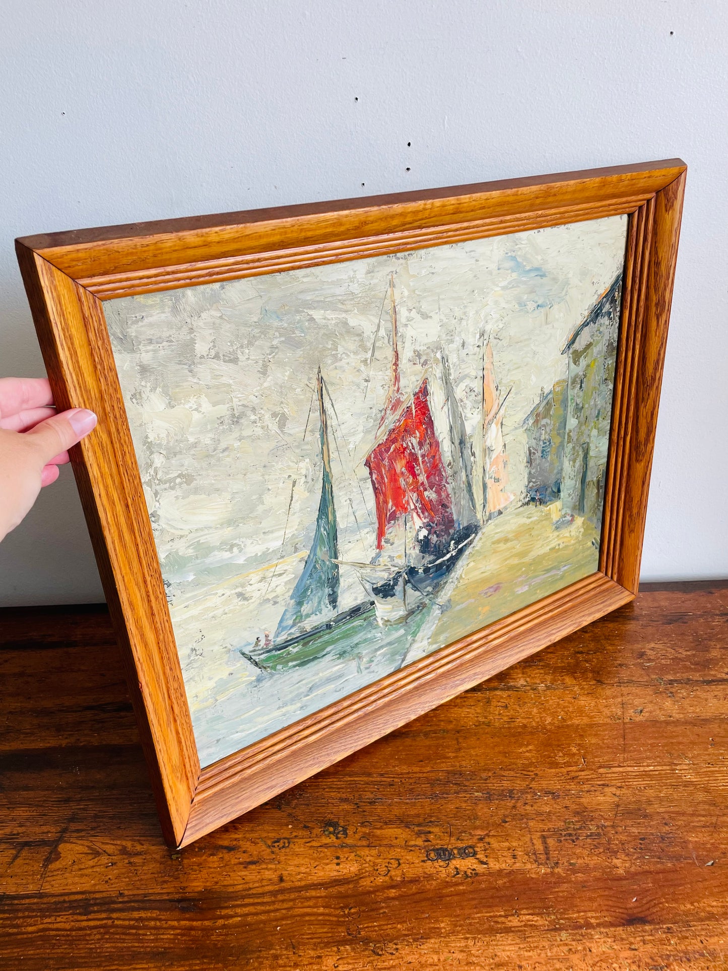 Vintage Original Art Painting - Impressionist Impasto Style - Sailboats & Fishing Ships Docked Along Wharf - "Marine Life" - Artist Signed - Purchased from a Fort Erie Estate - No Shipping