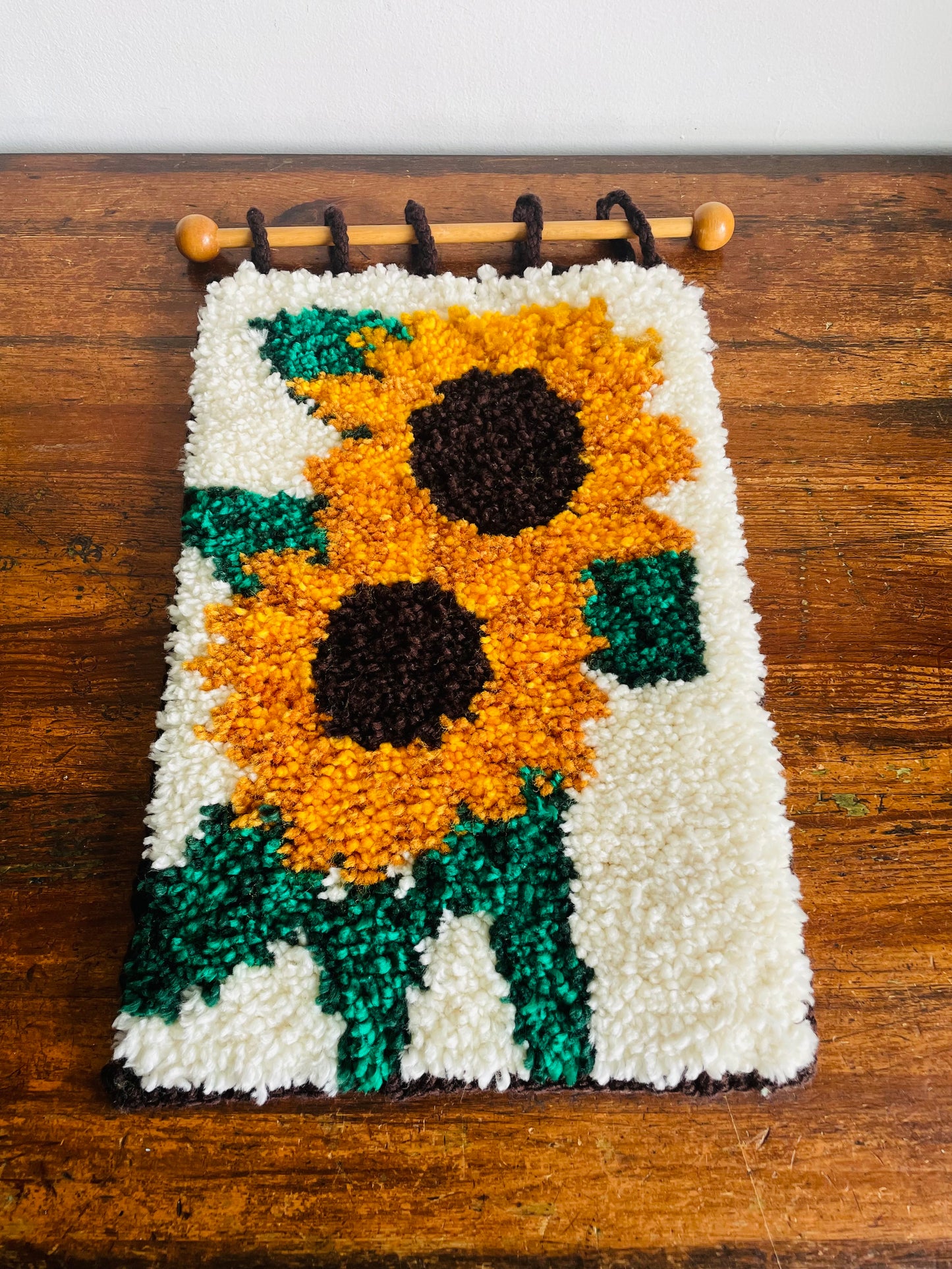 Vintage 1970s Cheerful Sunflowers Latch Hook Rug Wall Hanging Textile on Wood Dowel