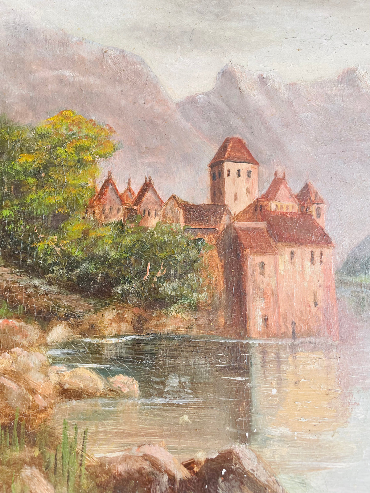 Vintage Original Art Painting Picture in Ornate Gold Frame - Chillon Castle, Switzerland On Lake Geneva with Dents du Midi Alps Mountain Range in Background