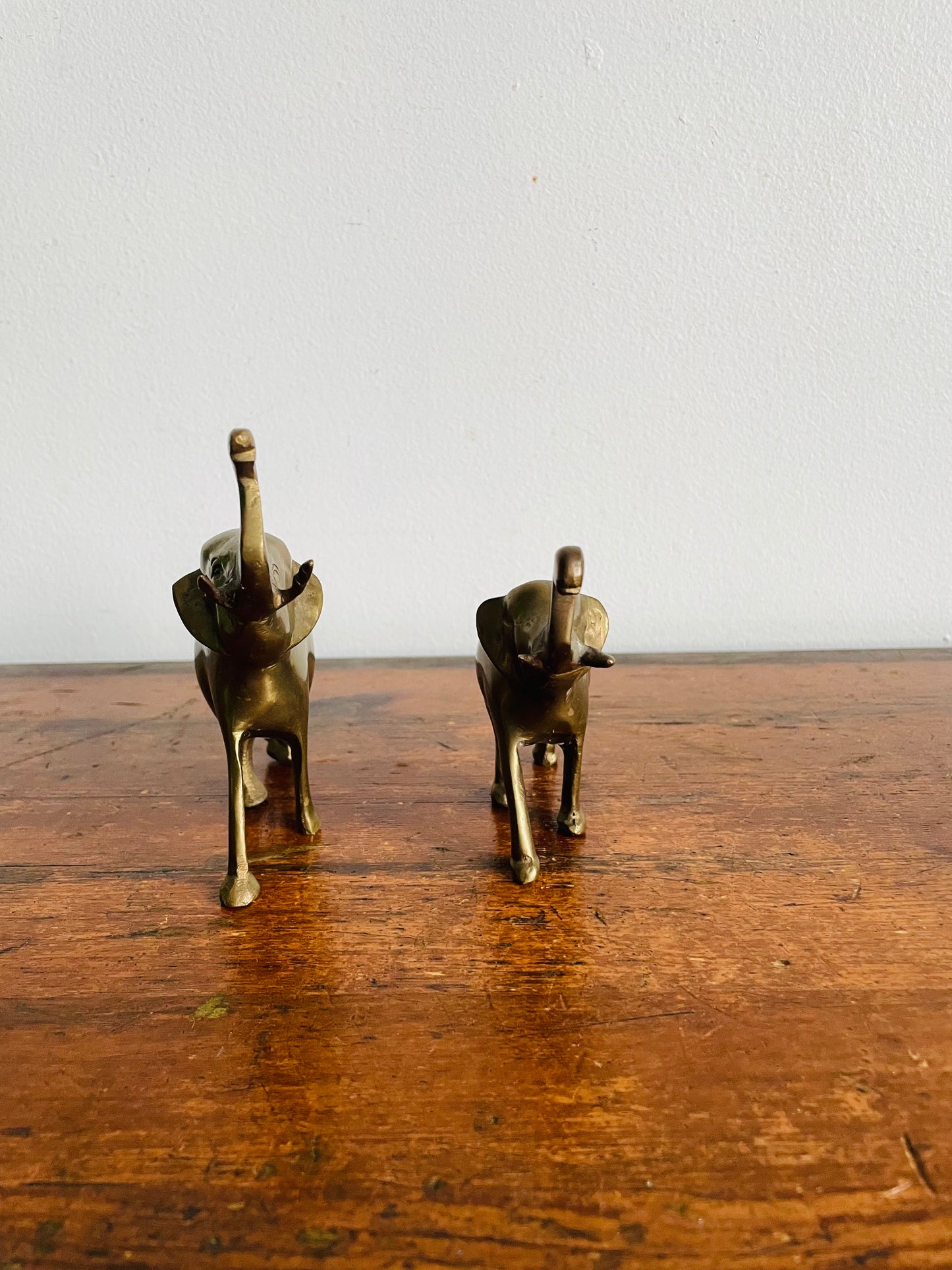 Vintage Solid Brass Pair of Elephants with Raised Trunks - Set of 2