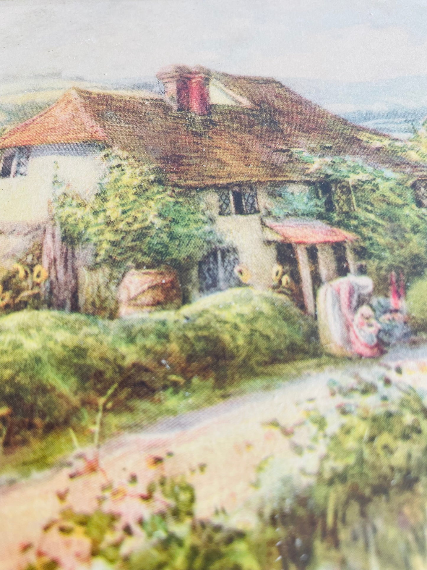 Framed Country Cottage Scene Print with Thatched Roof House, Woman & Child