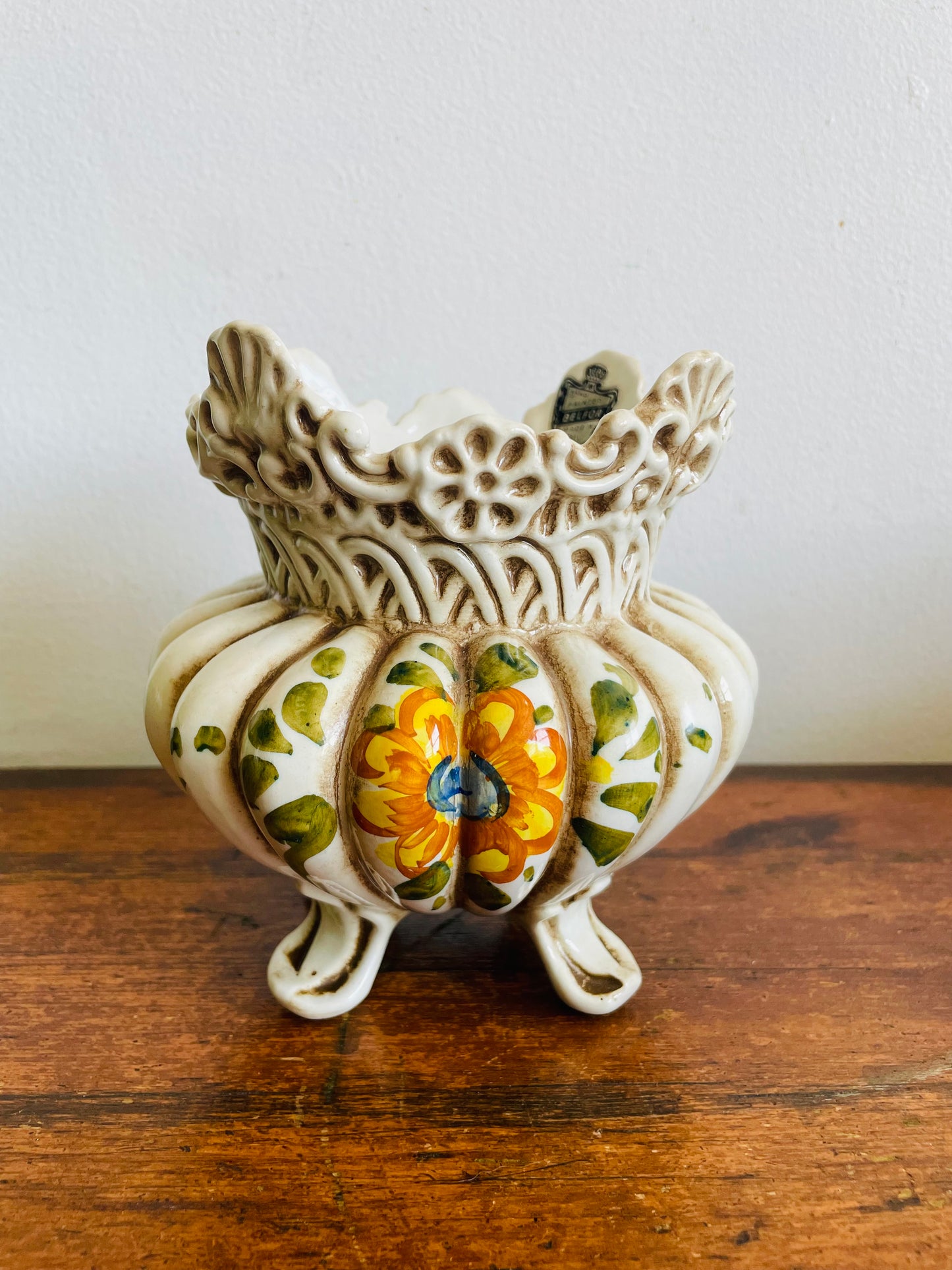 Vintage Belfor Hand Painted Italian Pottery Planter Pot with Floral Design - Made in Italy