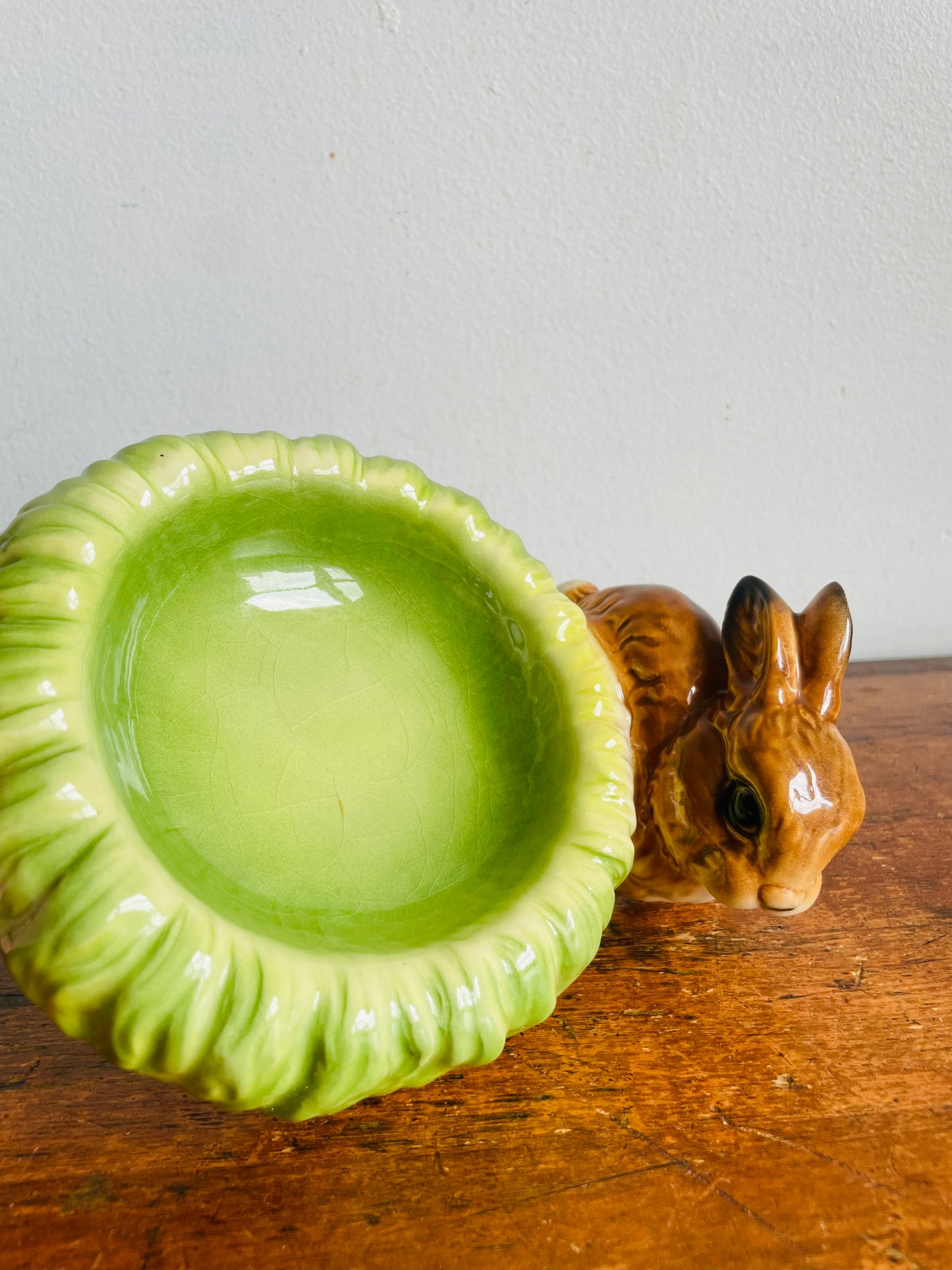 Vintage Goebel West Germany Adorable Brown Bunny Rabbit with Green Cabbage Trinket Jewellery Bowl Dish