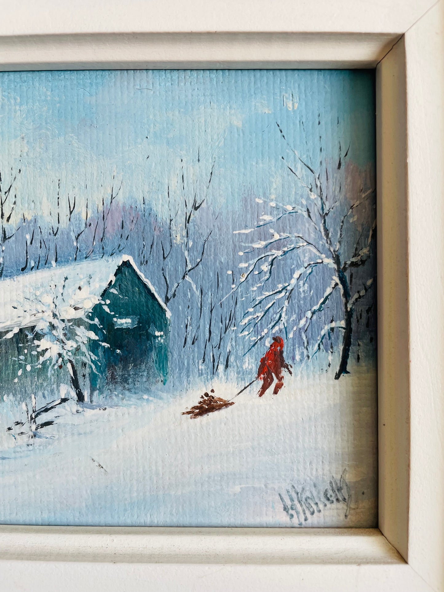 Vintage 1984 Original Art Painting of Child Pulling Sled with Chopped Wood Through Snow - "Painted by Harold Knight in my 89th Year"