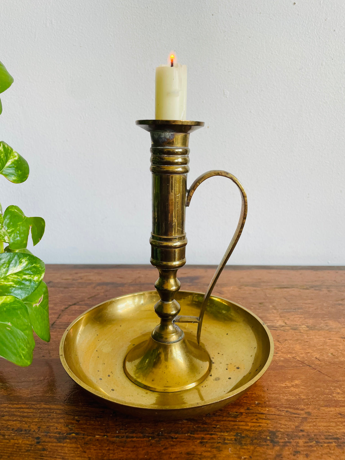 Vintage Tall Solid Brass Chamberstick Candle Holder - Made in India