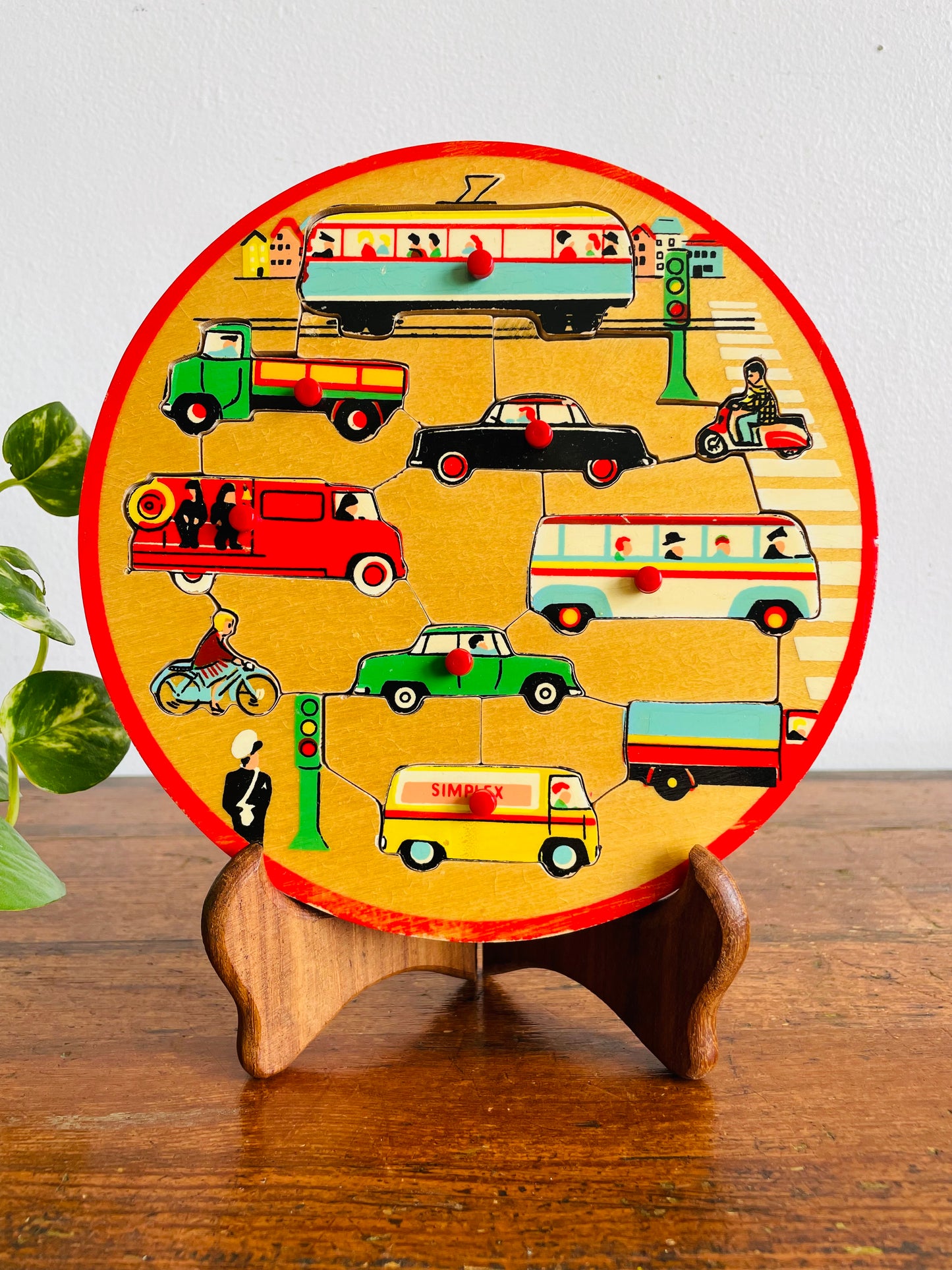 Vintage Simplex Round Wooden Knob Handle Puzzle with Automobile, Vehicle & Transit Design - Made in Holland