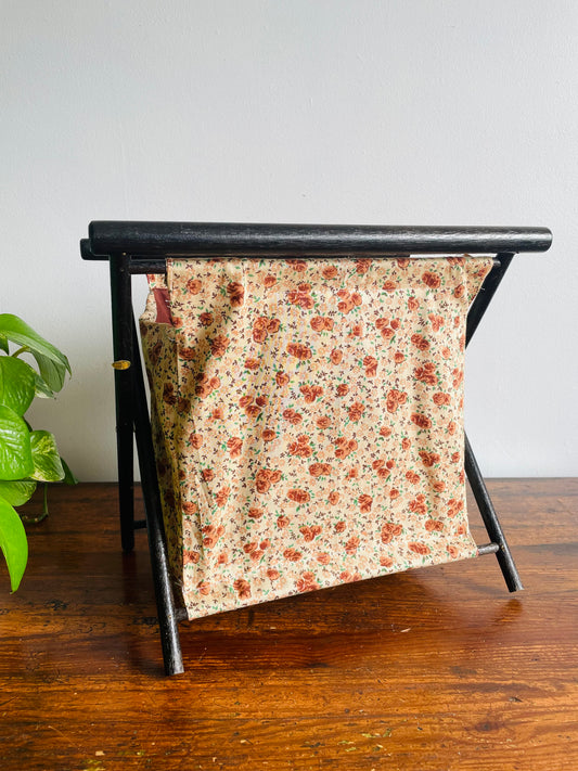 Wood & Cloth Folding Knitting Basket Bag with Muted Floral Design - Made in Hong Kong