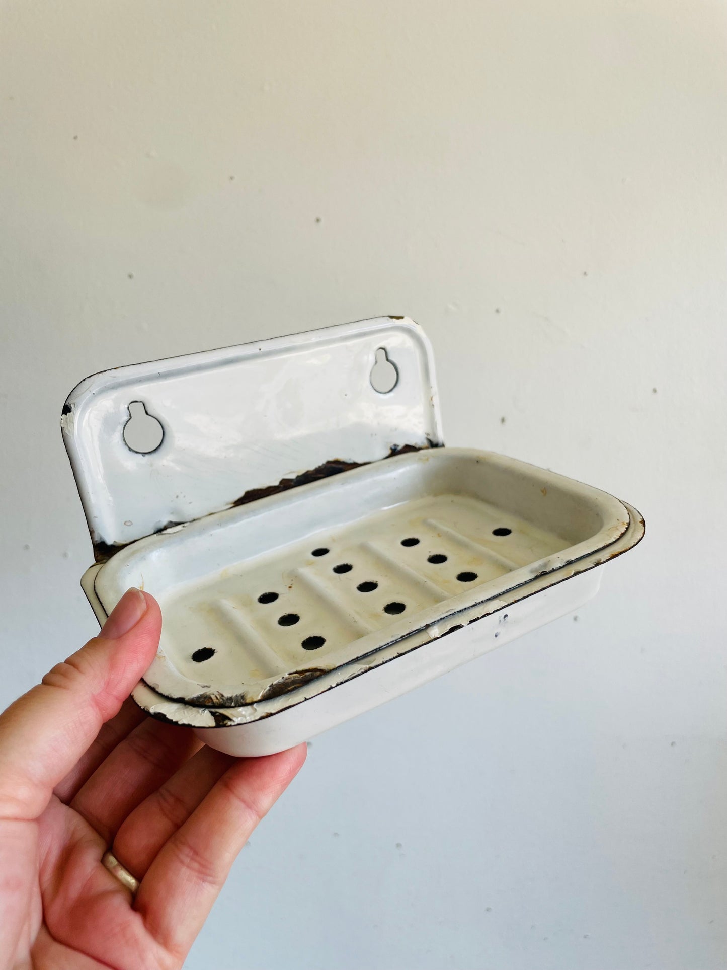 Vintage White Enamel Wall Mount Two Part Soap Dish - Removable Drainage Tray  - Can Stand or Hang - Modern Cottage Farmhouse